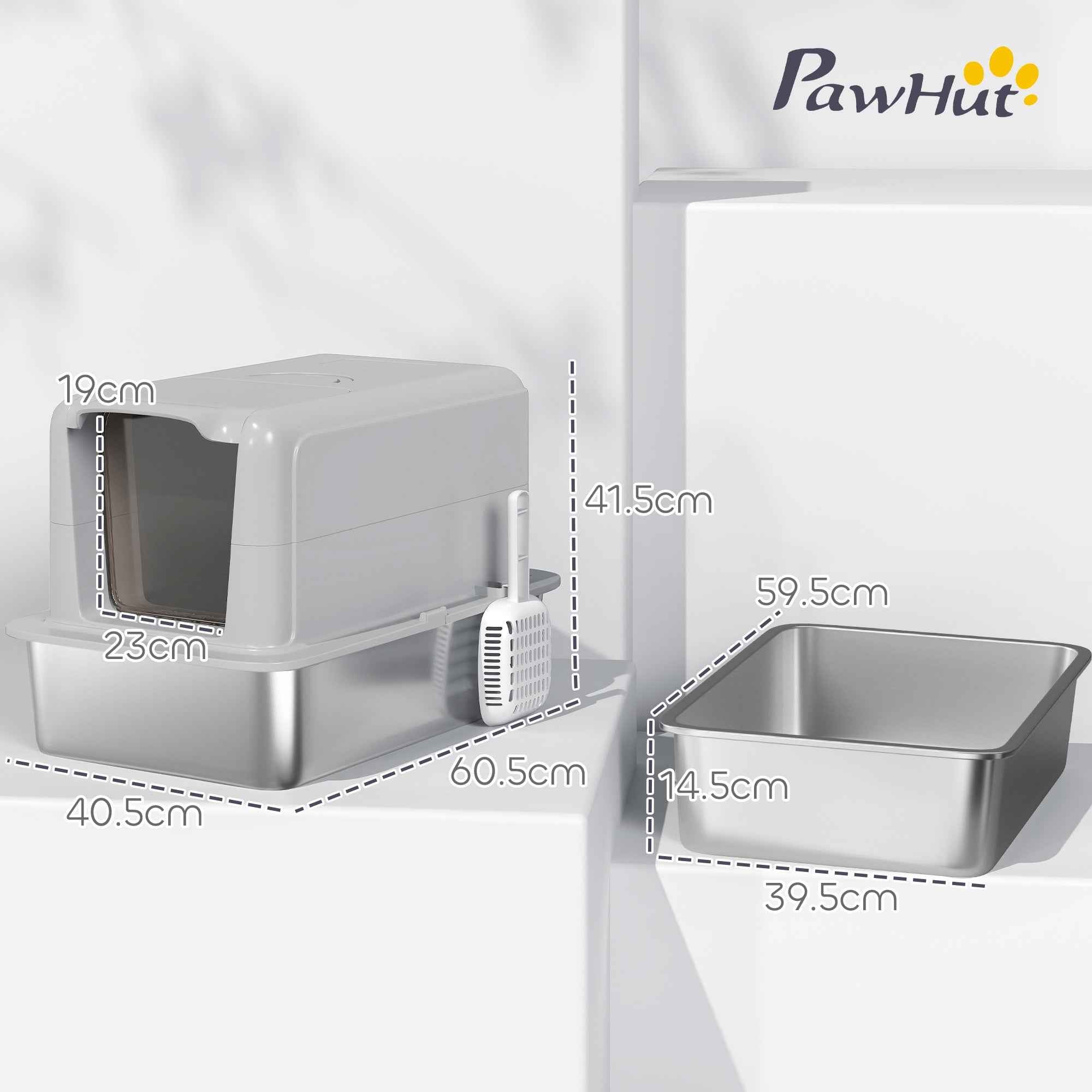 PawHut Enclosed Cat Litter Box with Steel Tray, Scoop and Filters, 40.5x60.5x41.5 cm, Grey and Silver