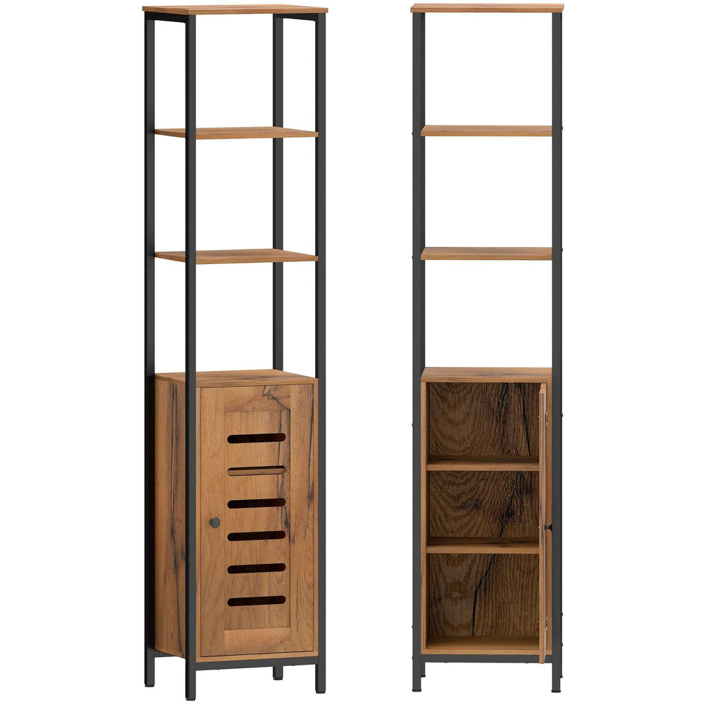 kleankin Tall Narrow Bathroom Cabinet, Space-Saving Bathroom Cabinet with Soft-Close Louvered Doors, 3 Open Shelves, Adjustable Shelves, Rustic Brown