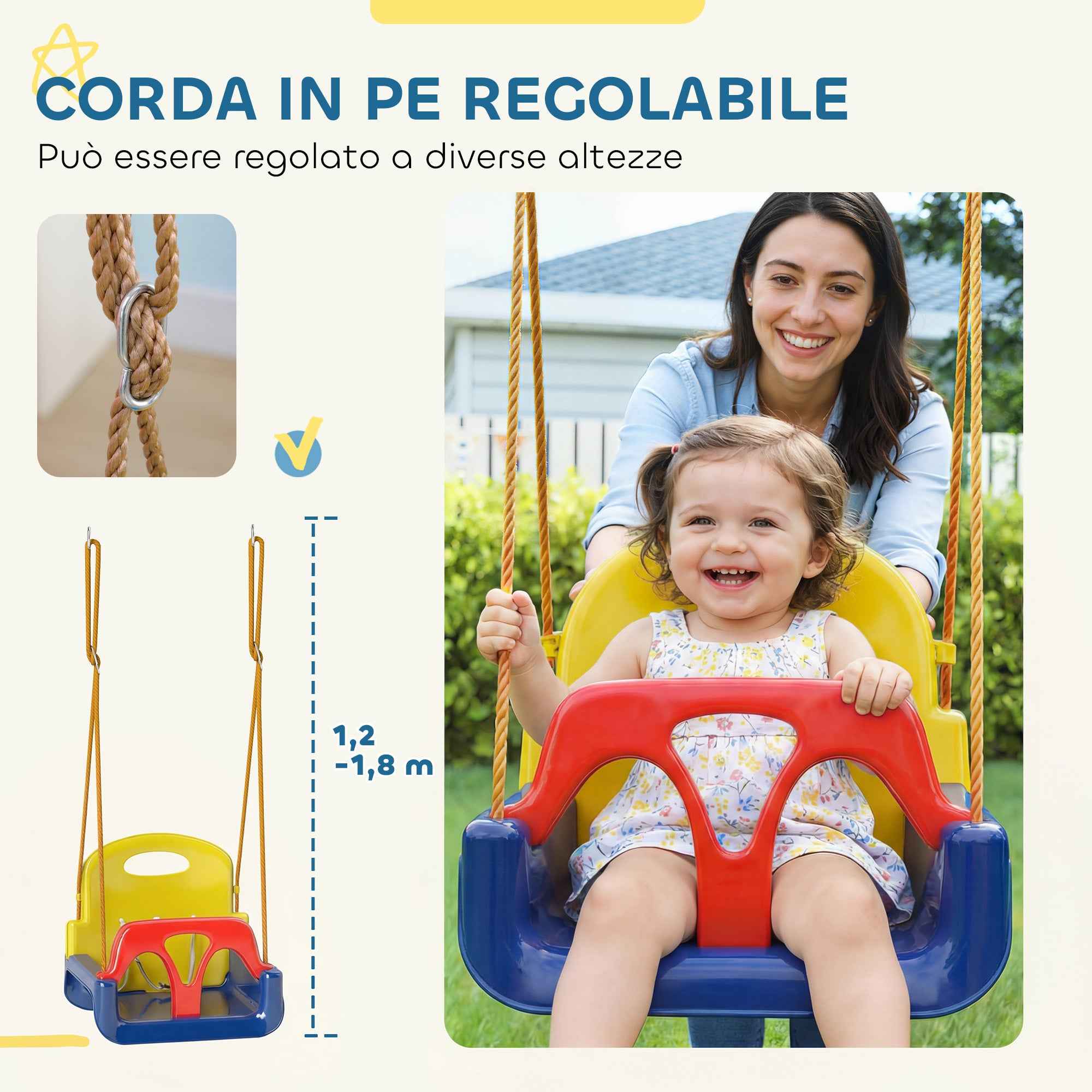 Outsunny 3-in-1 Garden Swing Set for Kids with Adjustable Rope, 42x33x120-180 cm, Blue