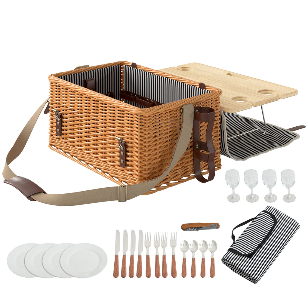Picnic Basket for 4 People with Table and Corkscrew, Wicker, 51x33x25 cm, Light Brown