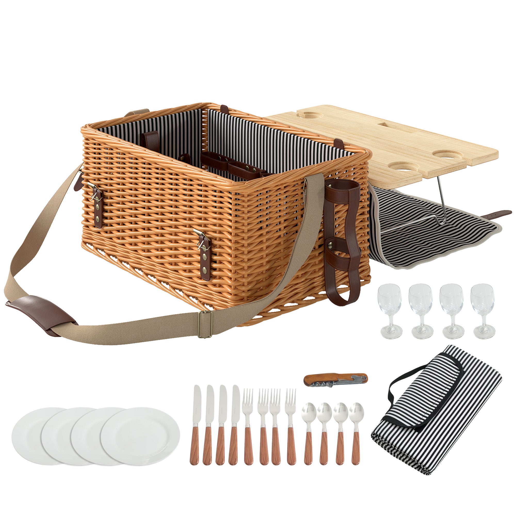 Picnic Basket for 4 People with Table and Corkscrew, Wicker, 51x33x25 cm, Light Brown