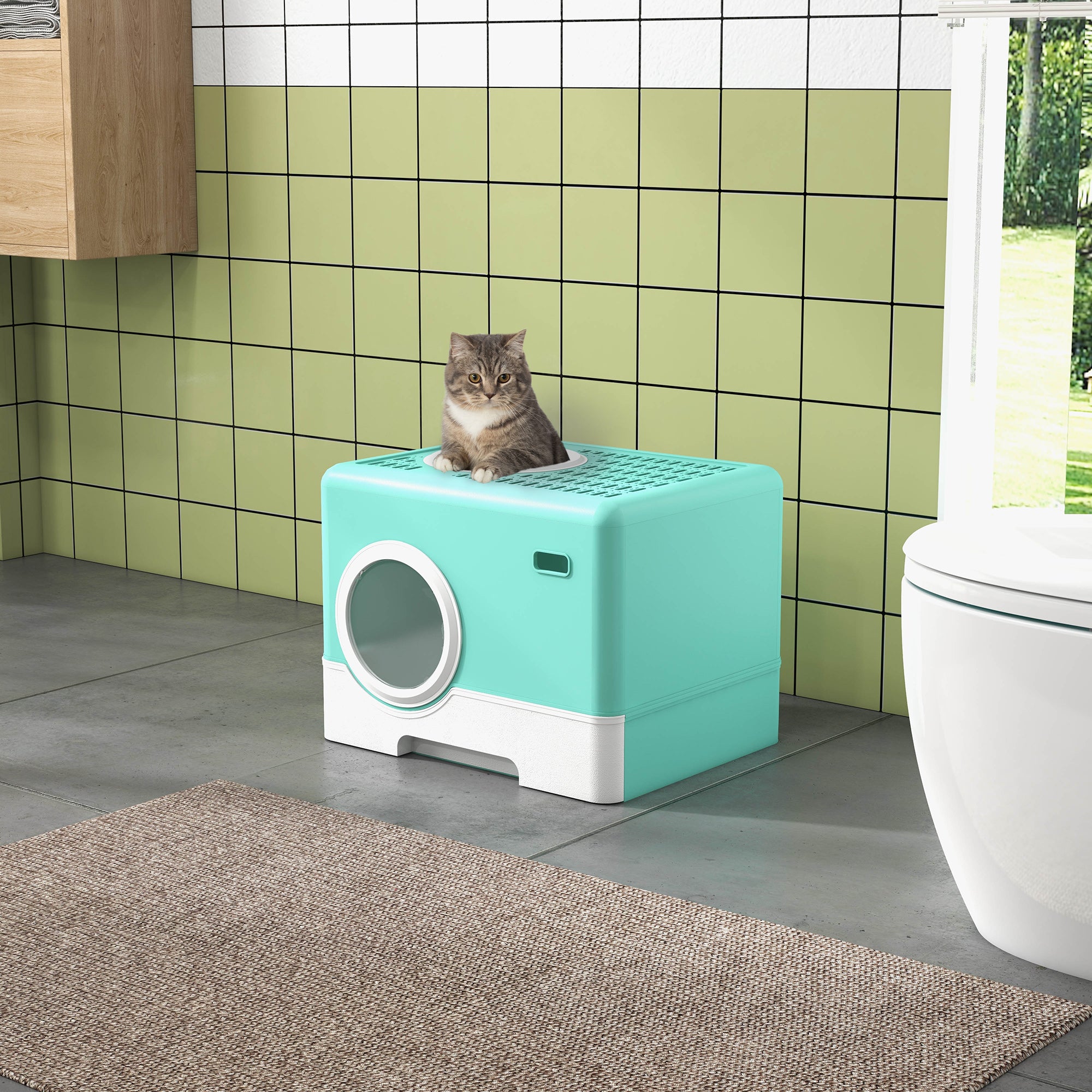 Cat Litter Box with Lid and Scoop, Double Entrance and Removable Tray, 52x41x38.5 cm, Green