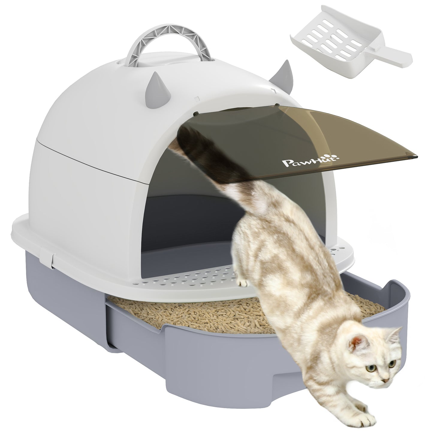 Closed Cat Litter Box with Removable Tray, Scoop and Activated Carbon Filter, Grey