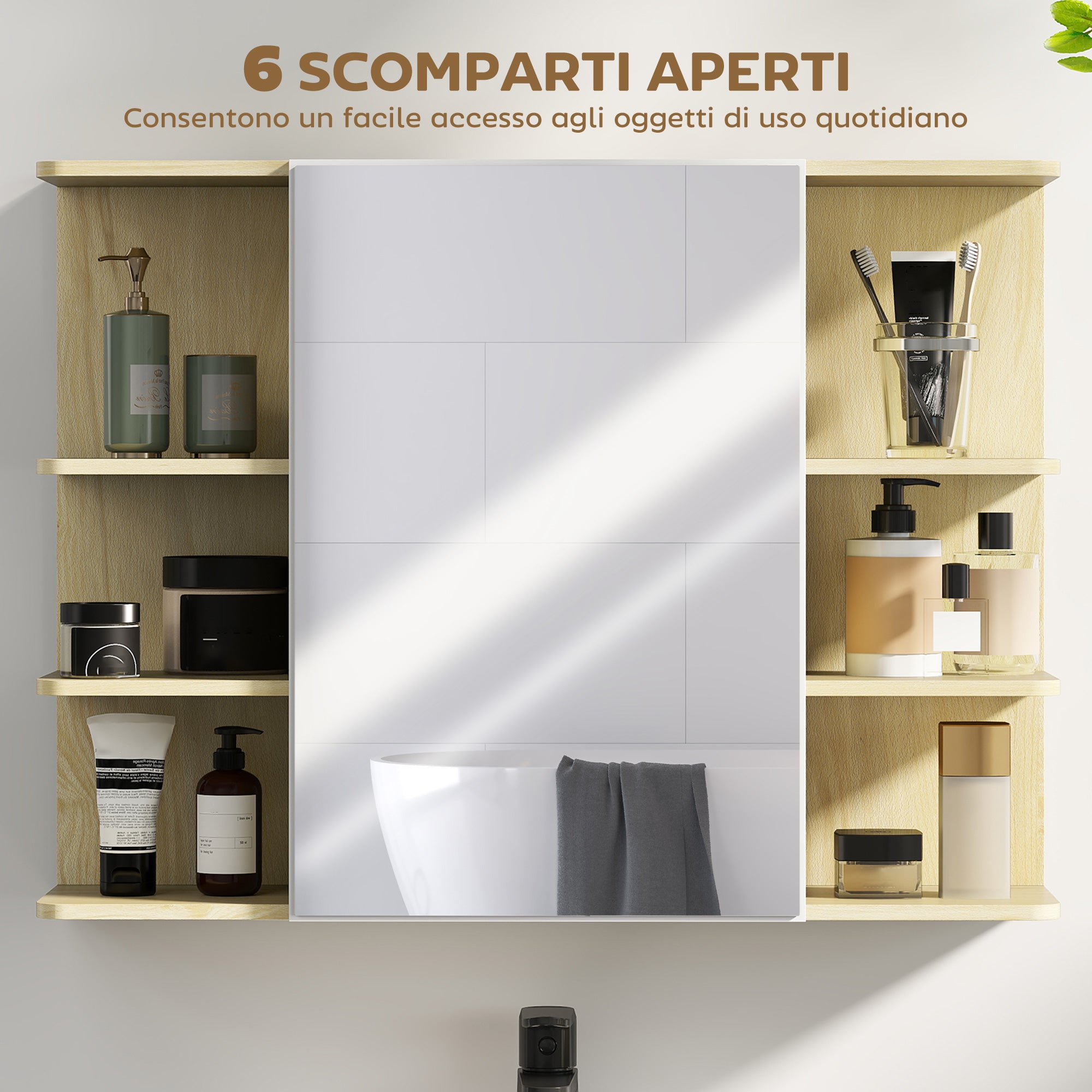 Bathroom Mirror with 2-Tier Cabinet and 6 Open Compartments, 80x20x59 cm, Wood