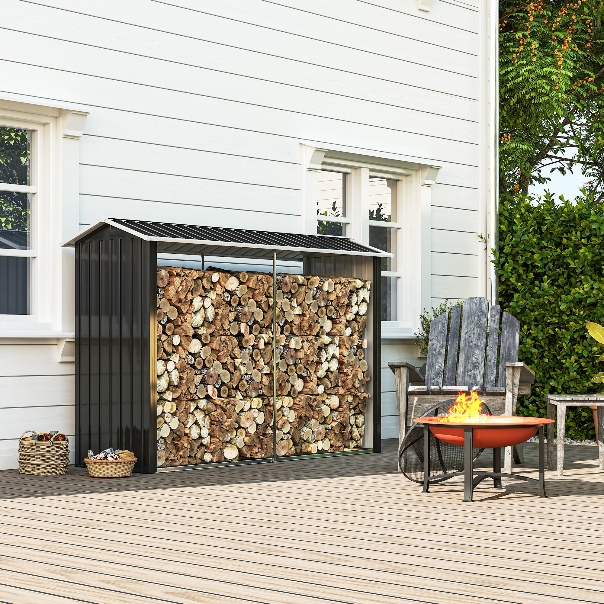 Wood Shed with Galvanized Steel Frame and Raised Base, 240x 86x160cm, Black