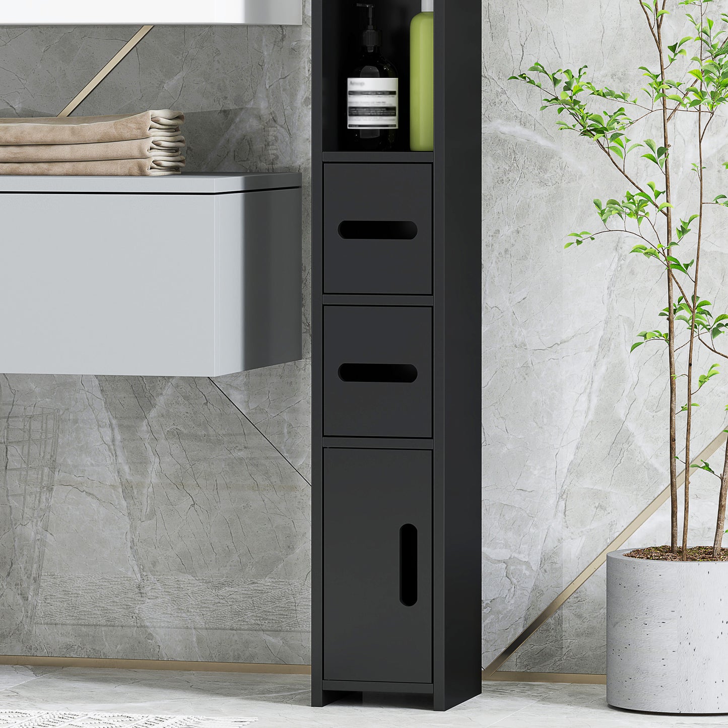 Bathroom Column with Shelves and Cabinets, Space-Saving Tall Wooden Cabinet 15x17x120cm, Black