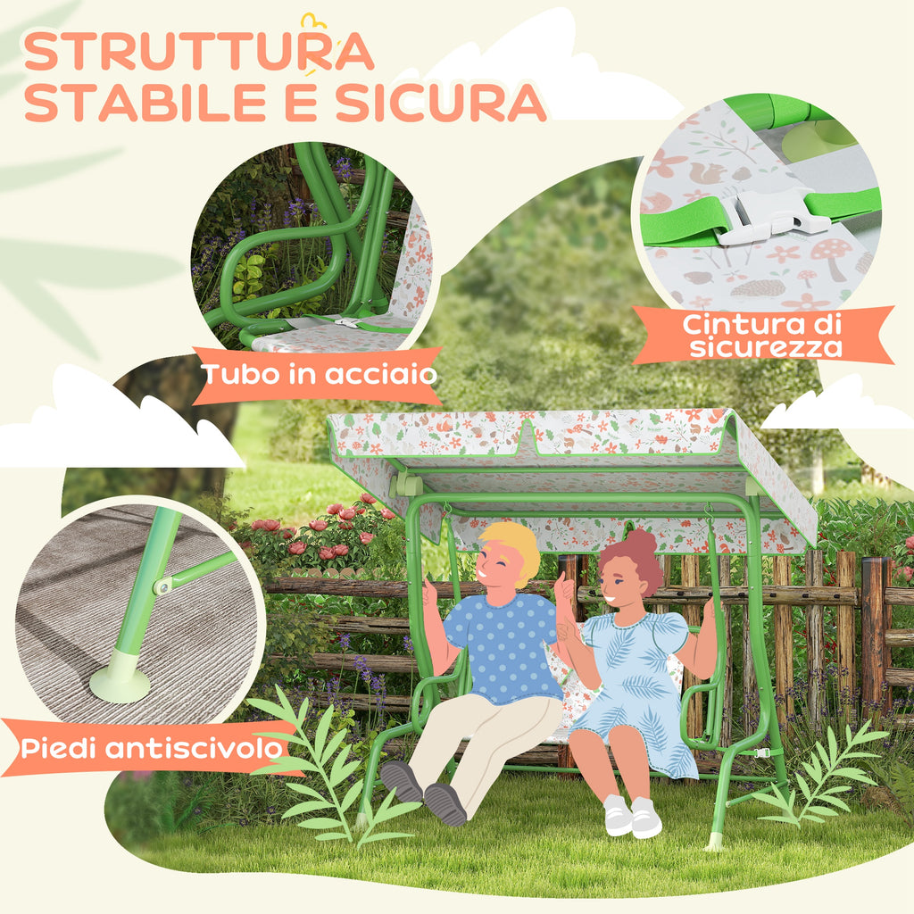 2-Seater Outdoor Children's Swing with Adjustable Canopy and Safety Belts, 112x75x120 cm, Green