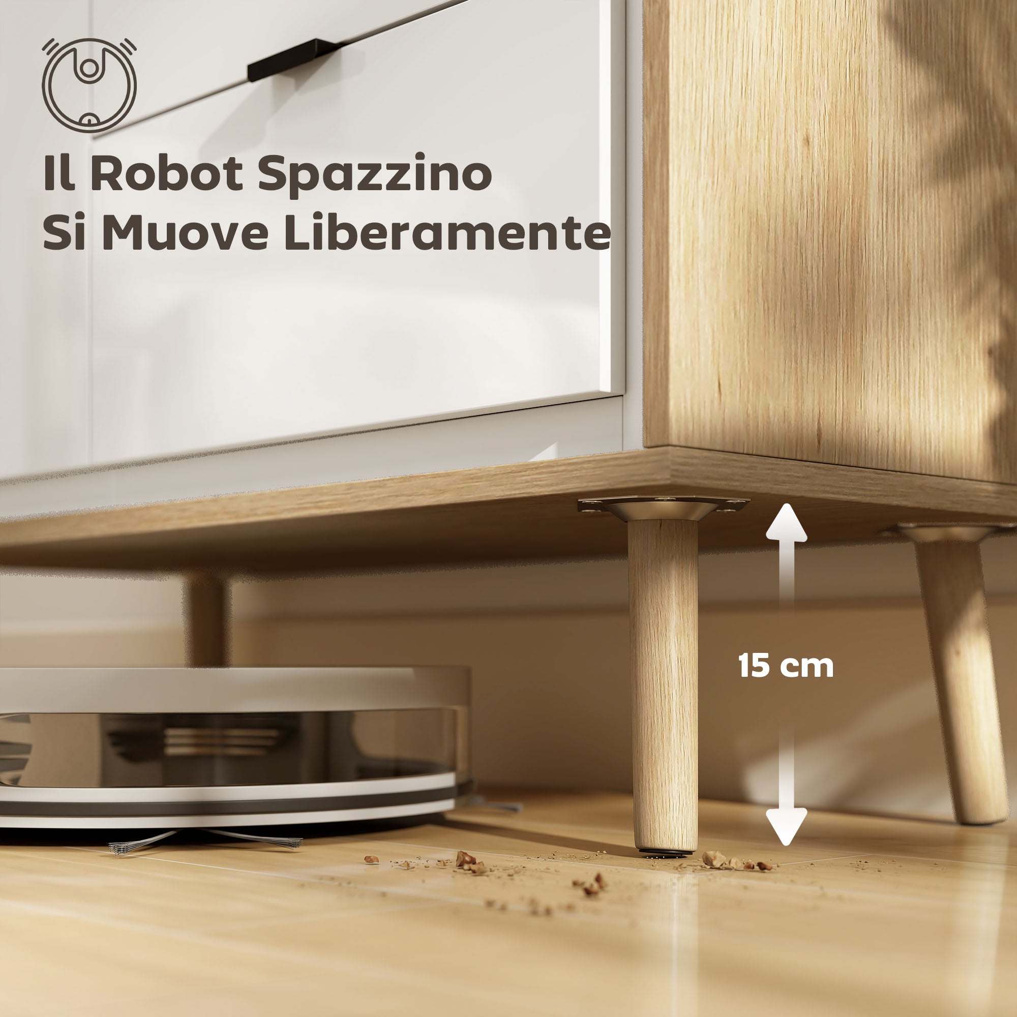 Modern Sideboard with 3 Drawers and Cabinet, Adjustable Internal Shelf and Glossy Doors, White and Oak