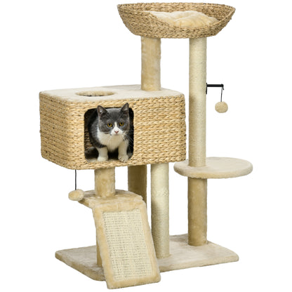 Cat Scratching Tree with House, Perch and Ball, Made of Wood and Polyester, 60x40x95 cm, Brown and Beige