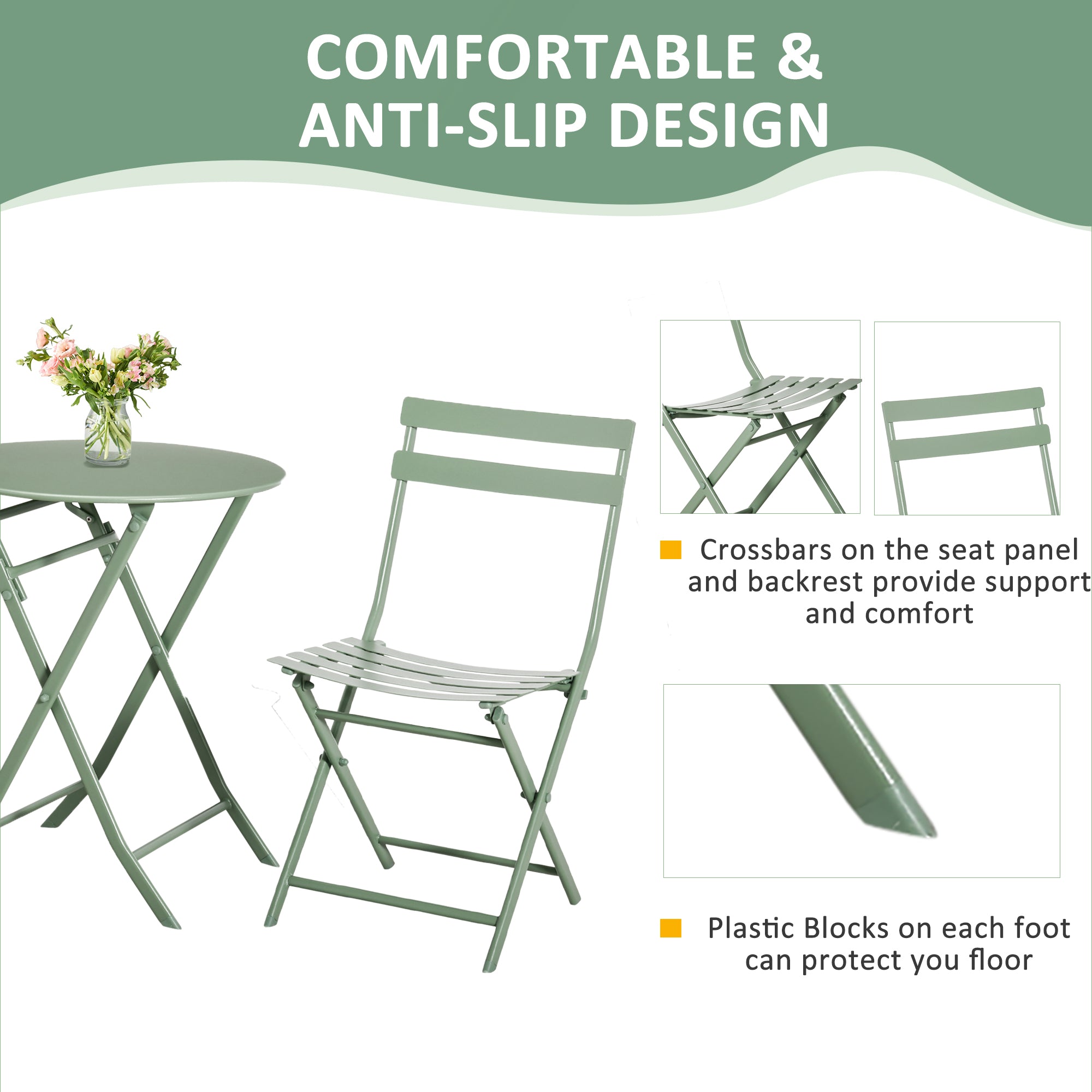 Outsunny garden set 3 folding steel, 2 chairs 42x50x81 cm and table Ø60x71 cm, green - Borgè