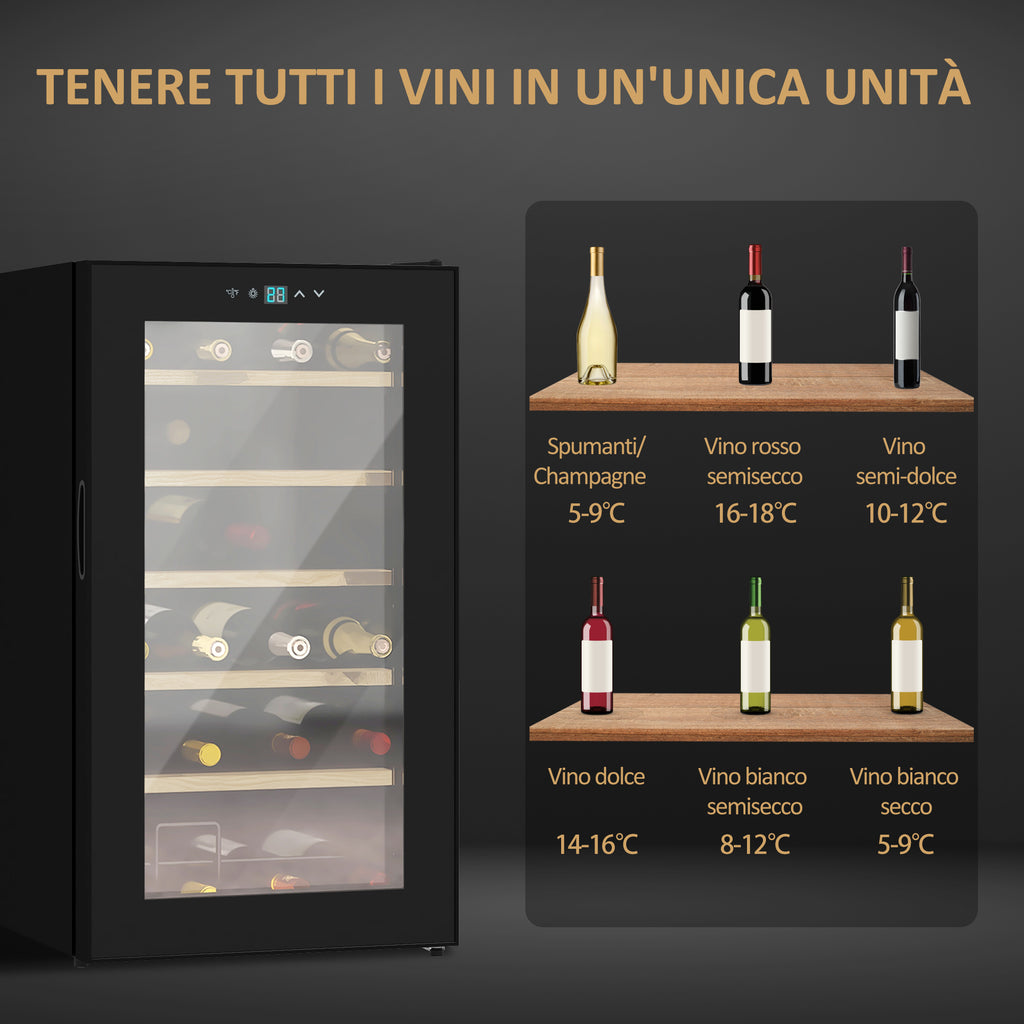 Wine Cooler Refrigerator for 24 Bottles, 65L Capacity, Temperature Control and Removable Shelves, Black