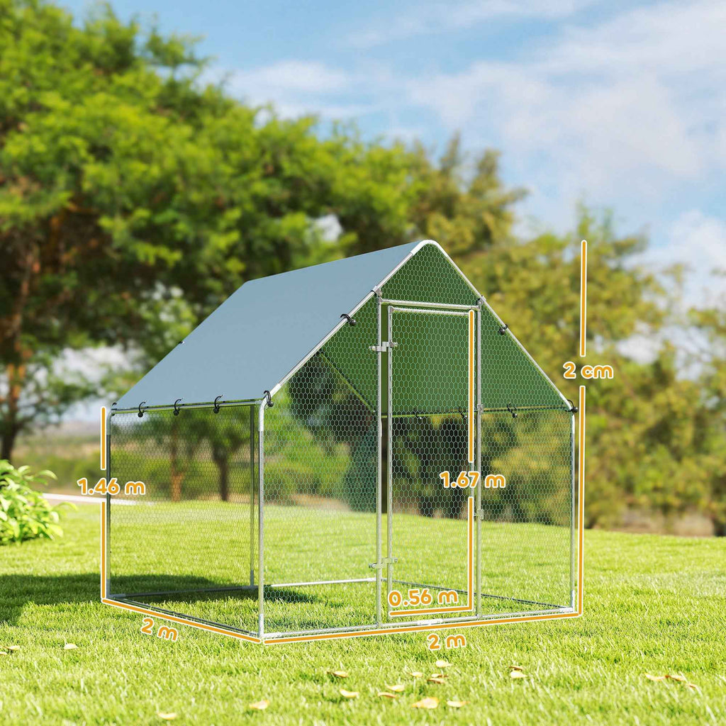 PawHut Outdoor Chicken Coop with Roof and Locks, Galvanized Steel, 2x2x2 m, Silver