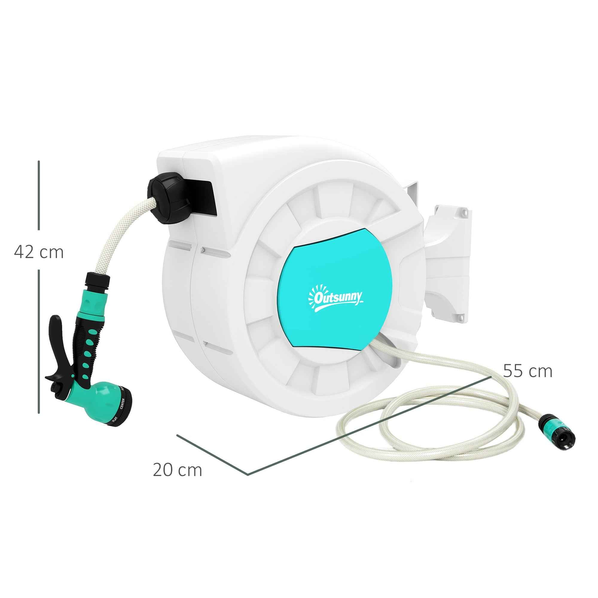 Outsunny Retractable Garden Hose Reel with 25+2m Water Hose and 7 Nozzles for Irrigation, Green and Light Grey