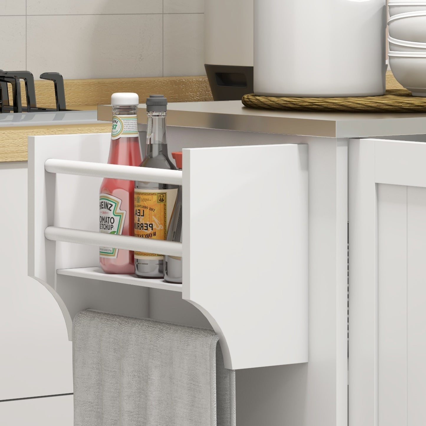 Kitchen Island with Drawer, Cabinet and 2 Open Shelves, in MDF and Stainless Steel, 128x45.5x91.5 cm