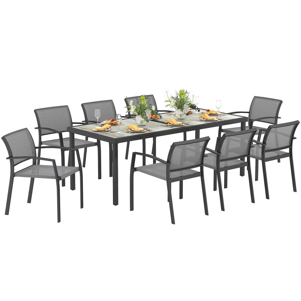 Outsunny Garden Set with Rectangular Dining Table and 8 Stackable Chairs with Armrests, Grey