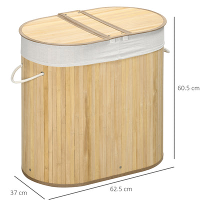 Laundry Basket 2-Section , 2 Lids and 100L Capacity with Removable Internal Bag, 62.5x37x60.5 cm