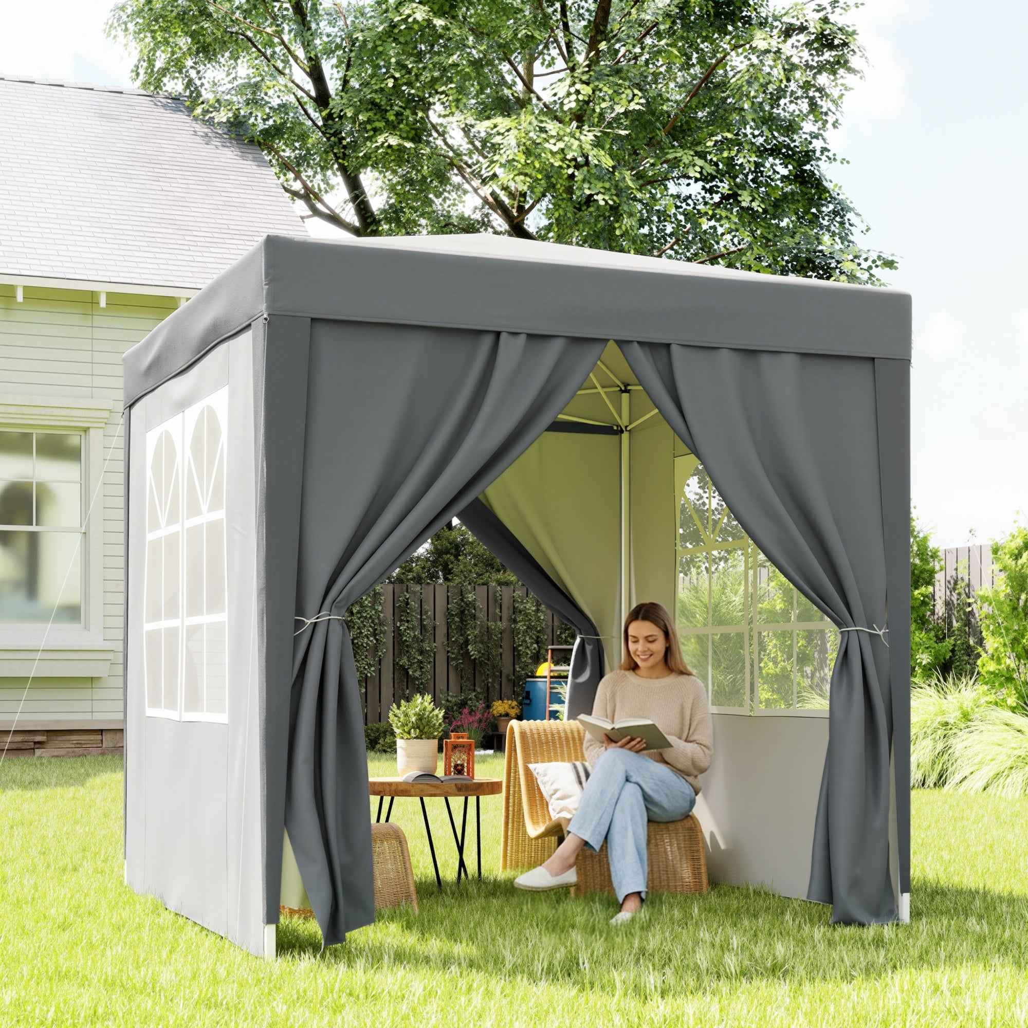 Outsunny 2x2m Folding Gazebo with 4 Removable Metal and Polyester Walls, Grey