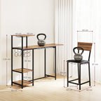 Folding Bar Counter and 2 High Stools with Backrest, Wine Rack and Glass Holder, Brown