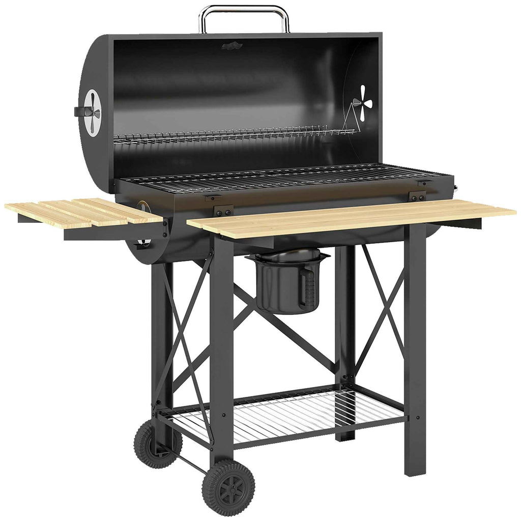 Outsunny Charcoal Barbecue, Mobile Grill with Folding Shelves and Thermometer