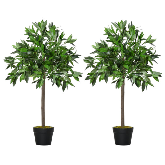 Outsunny Set of 2 Artificial Laurel Trees in Pots Height 90cm for Indoors and Outdoors