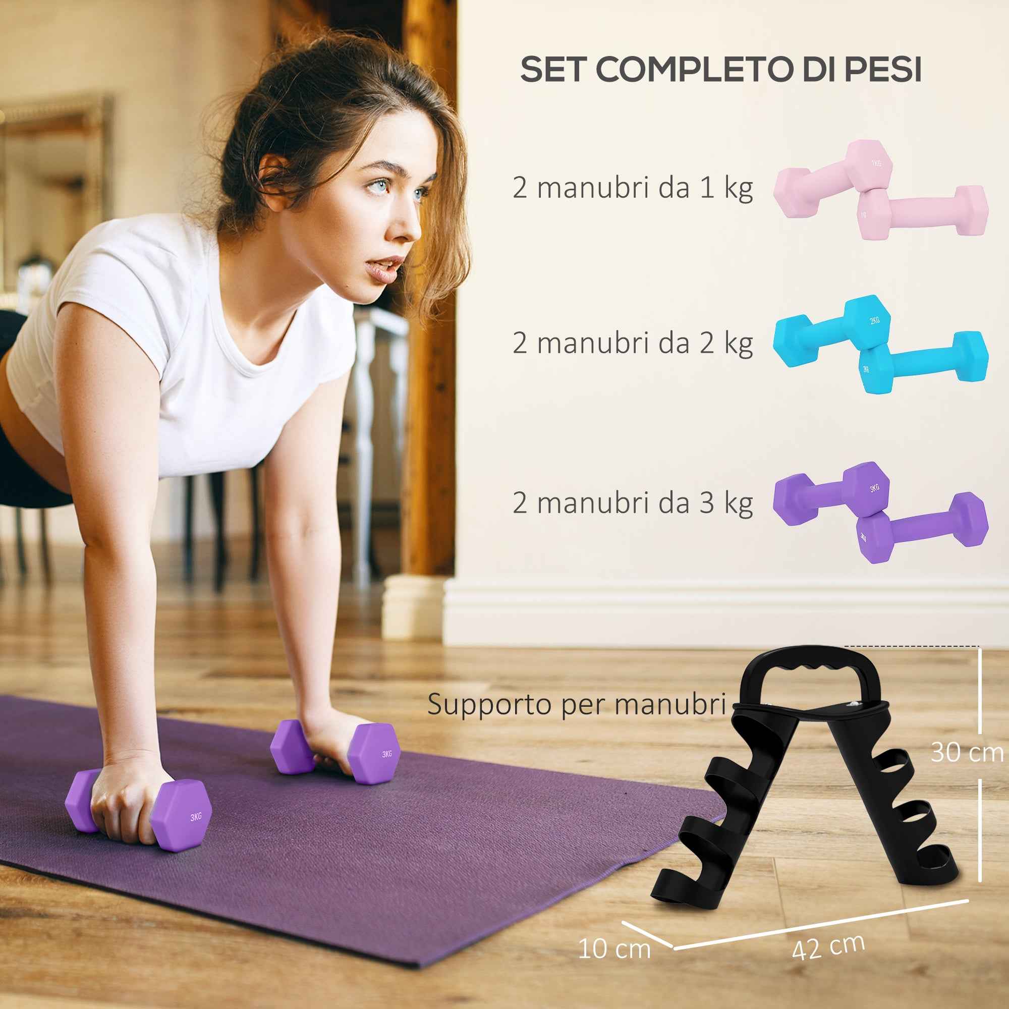 SPORTNOW Set of 6 Dumbbell Weights (2x1 kg, 2x2 kg, 2x3 kg) of 12 kg with Stand/Kettlebell, in Metal and PP Pink, Blue and Purple