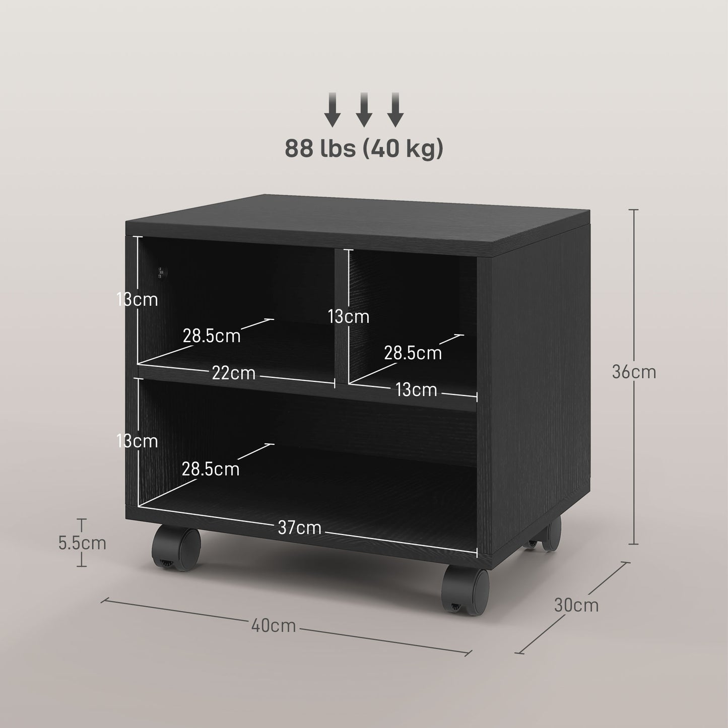 Printer Stand with 3 Compartments and Wheels for Office and Study, 40x30x36cm, Black