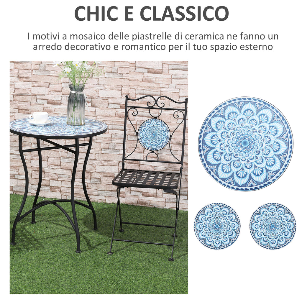 3-Piece Garden Set, Coffee Table and 2 Folding Chairs with Mosaic, Blue