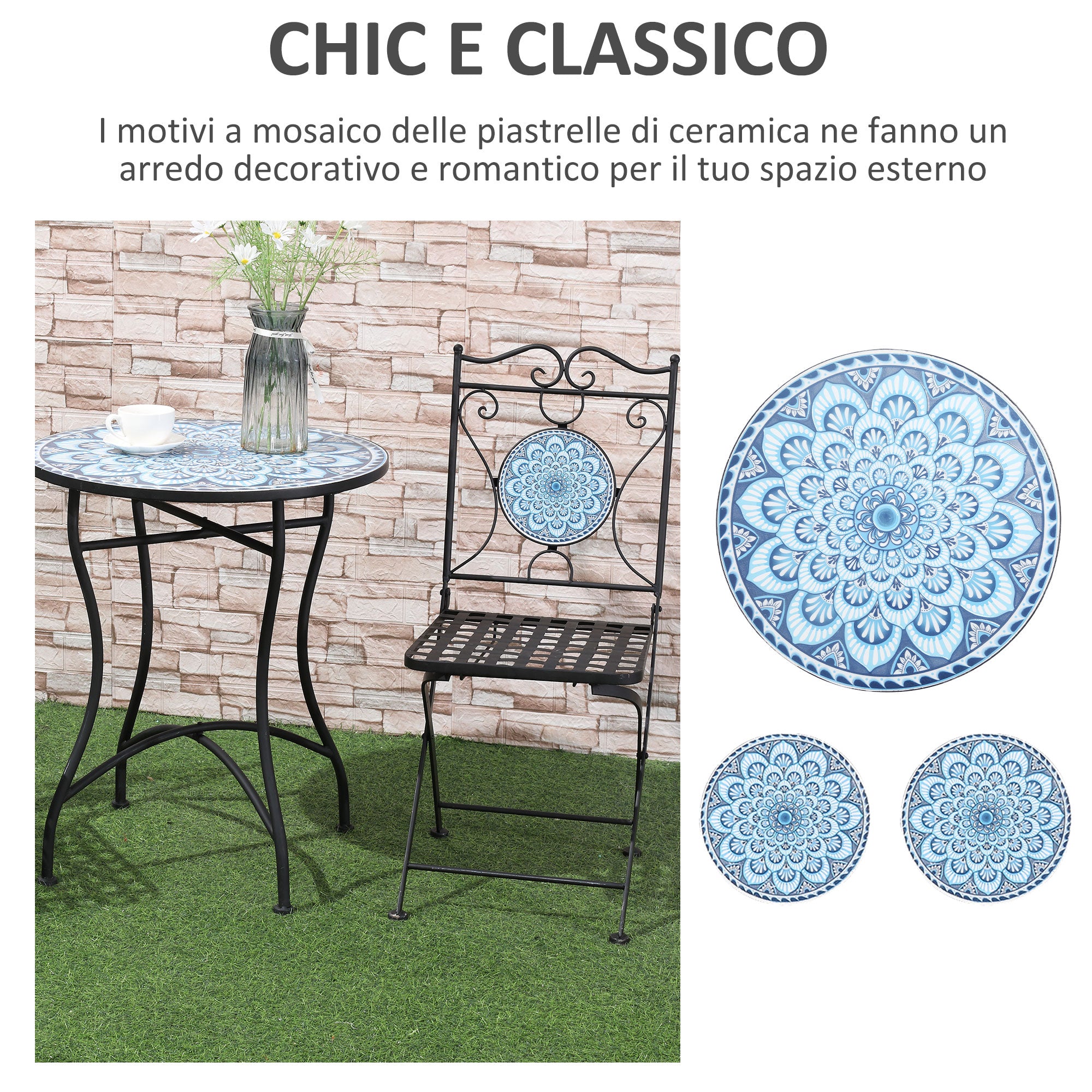 3-Piece Garden Set, Coffee Table and 2 Folding Chairs with Mosaic, Blue