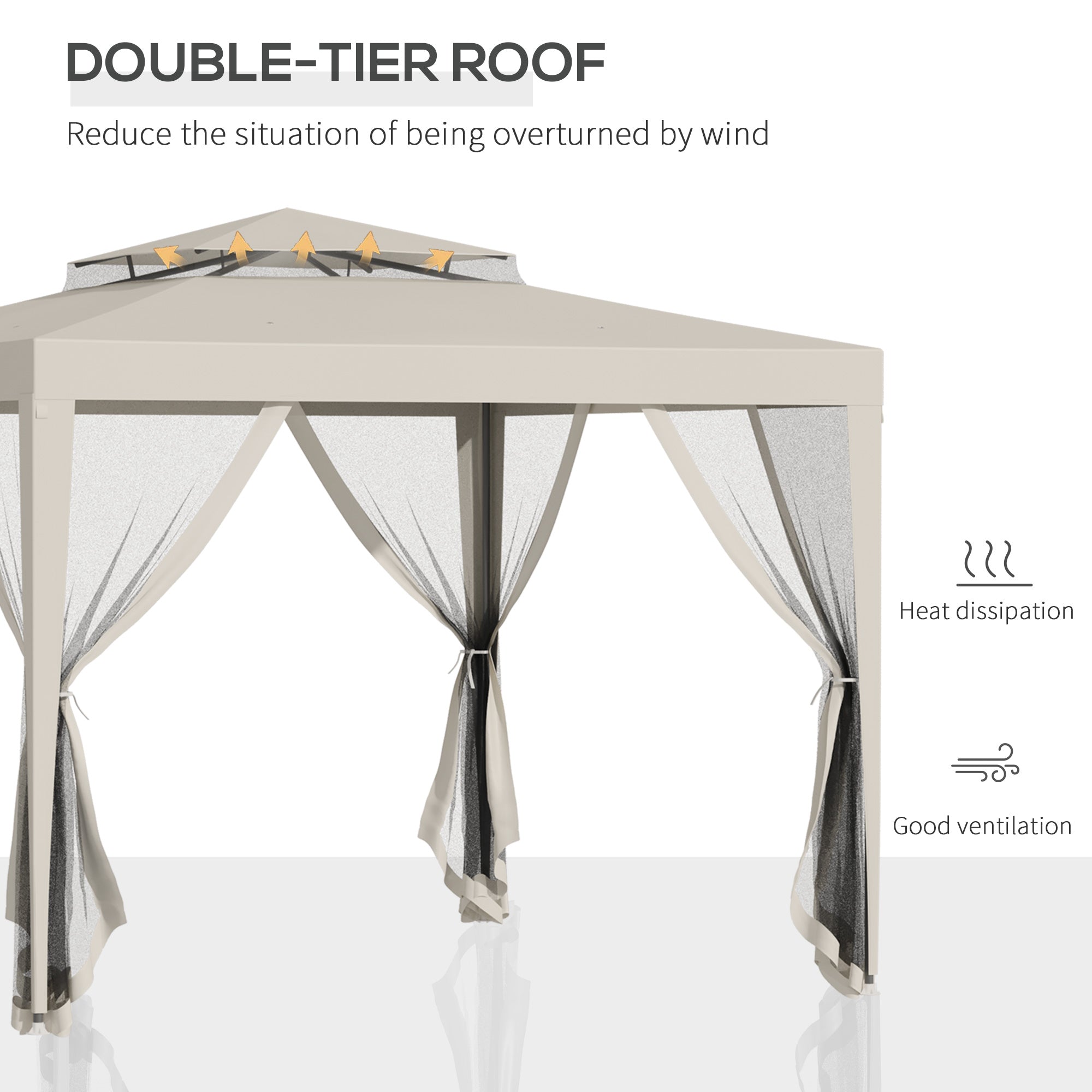 Garden Gazebo 3x3m with Mosquito Net, Double Roof and Metal Frame, Beige - Borgè
