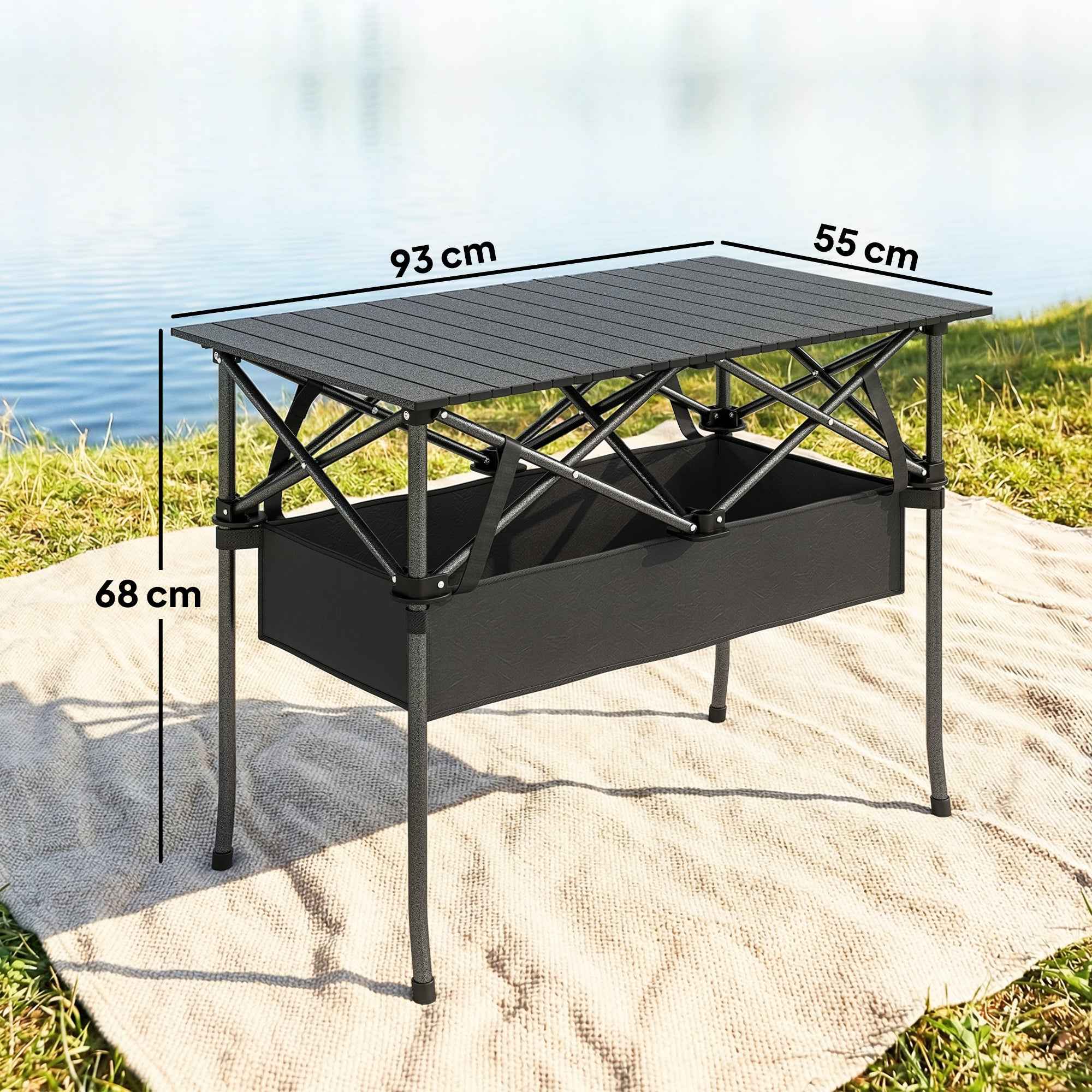 Outsunny Folding Camping Table with Metal Frame, Storage Net and Bag, 93x55x68 cm, Black