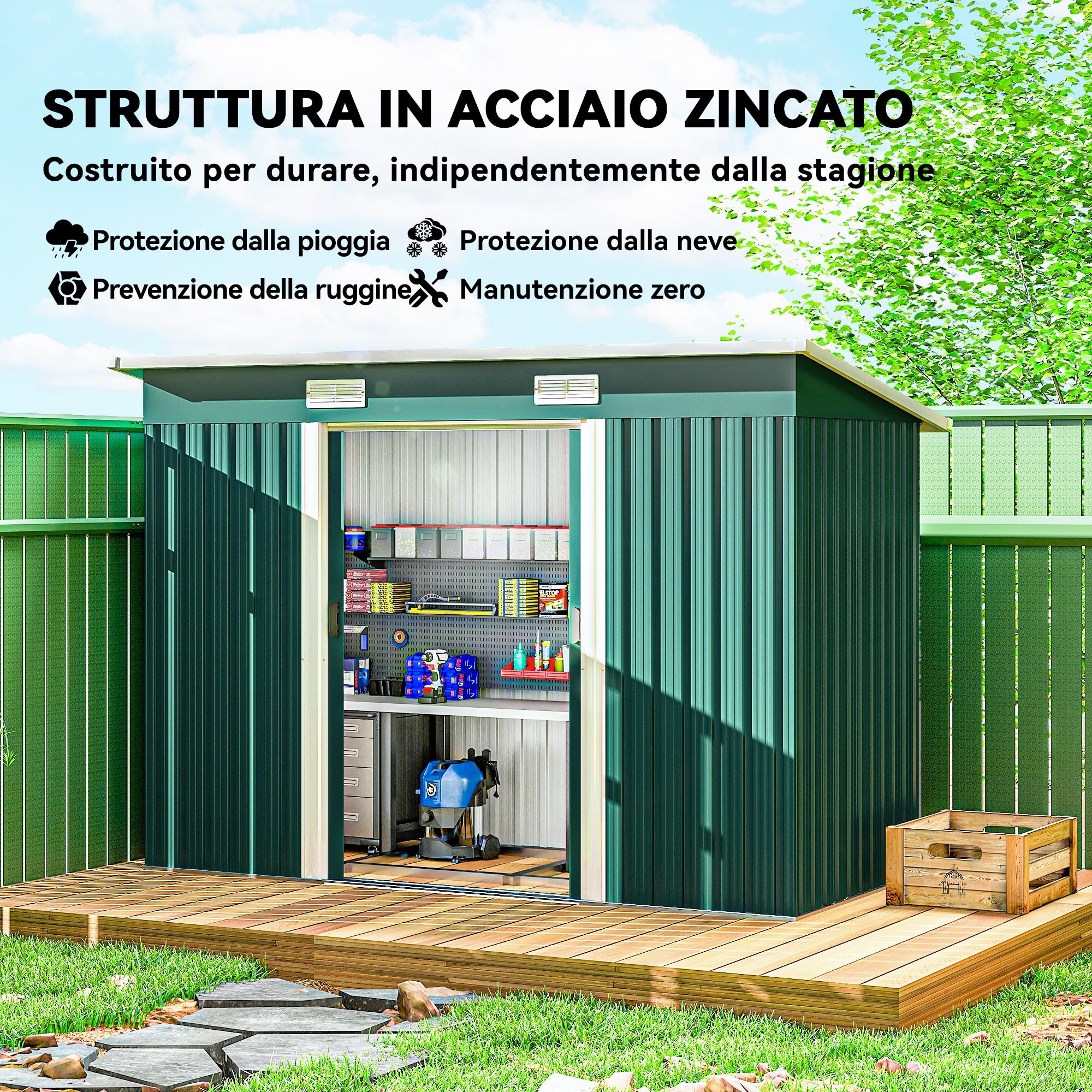 Outsunny Steel Garden Shed 272 x 134 cm with Double Sliding Doors and 2 Vents, Green