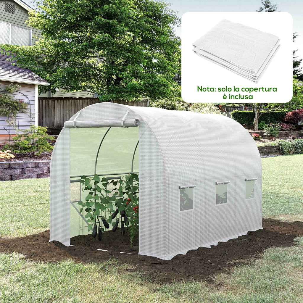 Outsunny PE Greenhouse Cover with 6 Windows, Roll-Up Door and Buried Edges, 3x2x2 m, White