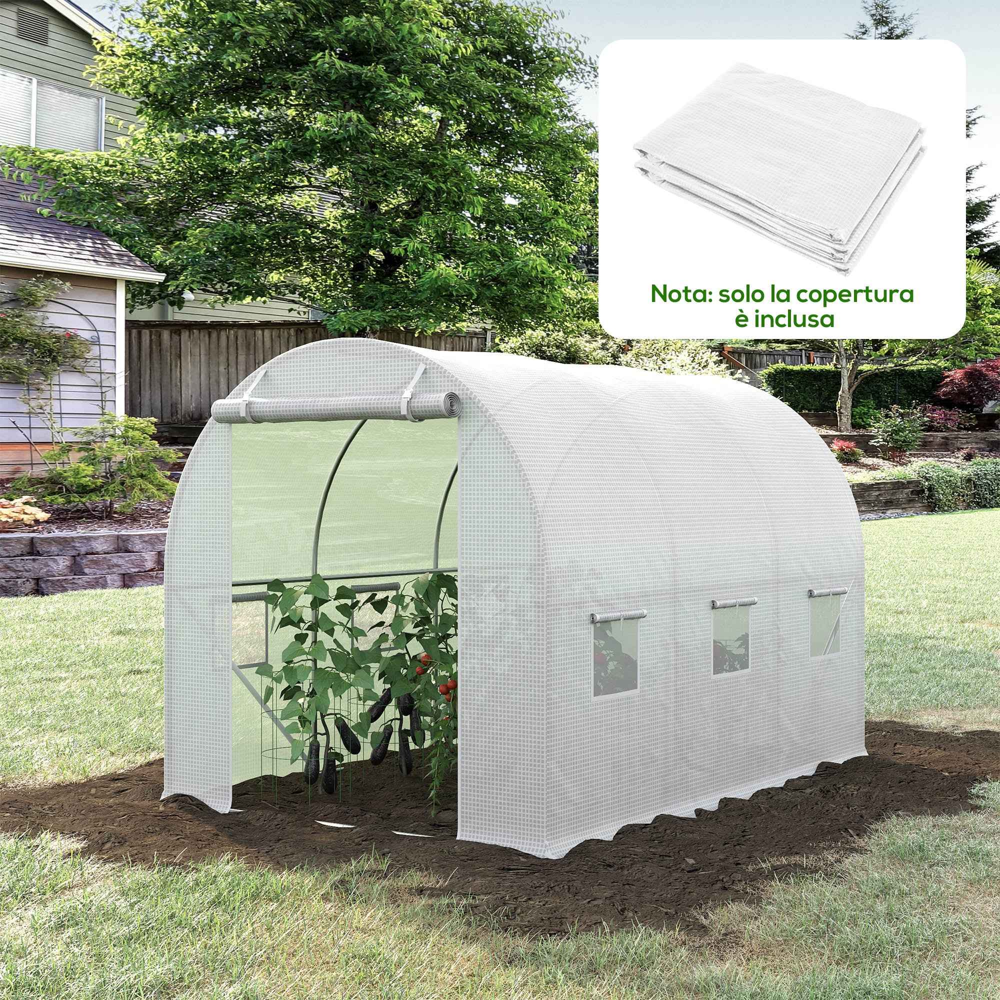 Outsunny PE Greenhouse Cover with 6 Windows, Roll-Up Door and Buried Edges, 3x2x2 m, White