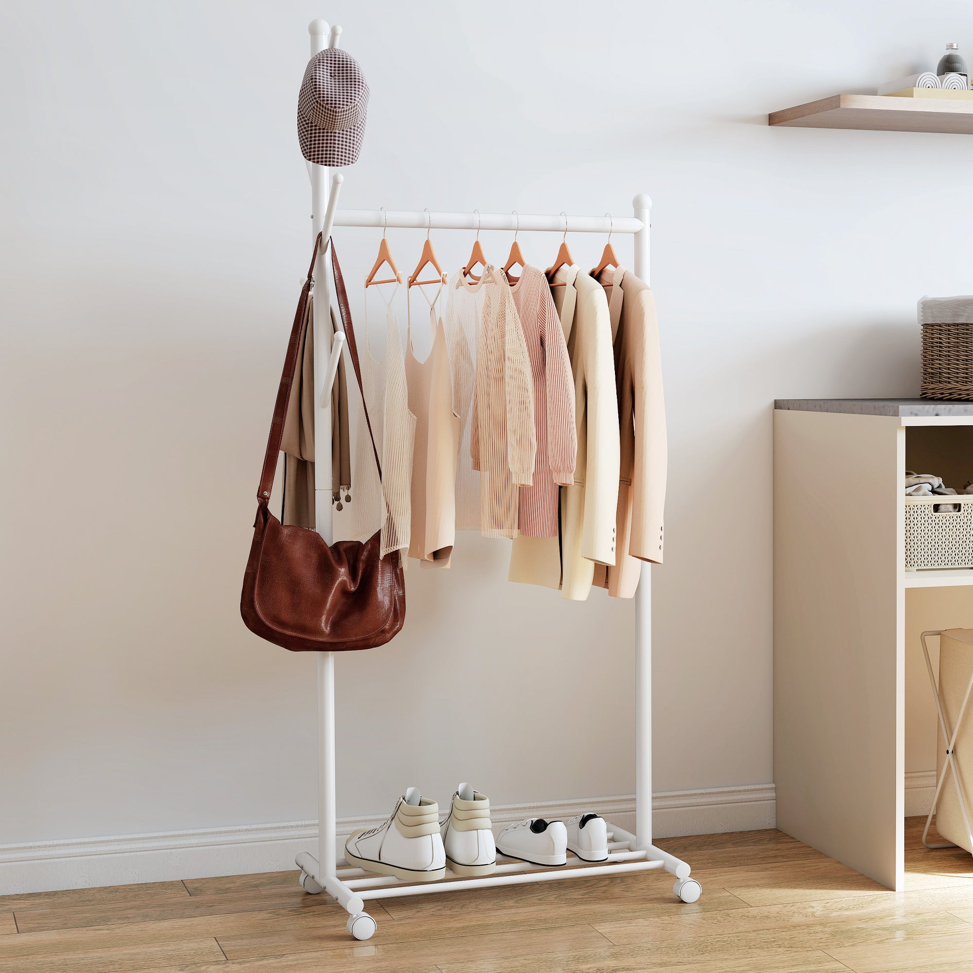 Freestanding Coat Rack with Wheels, 5 Hooks and Lower Shoe Shelf, White