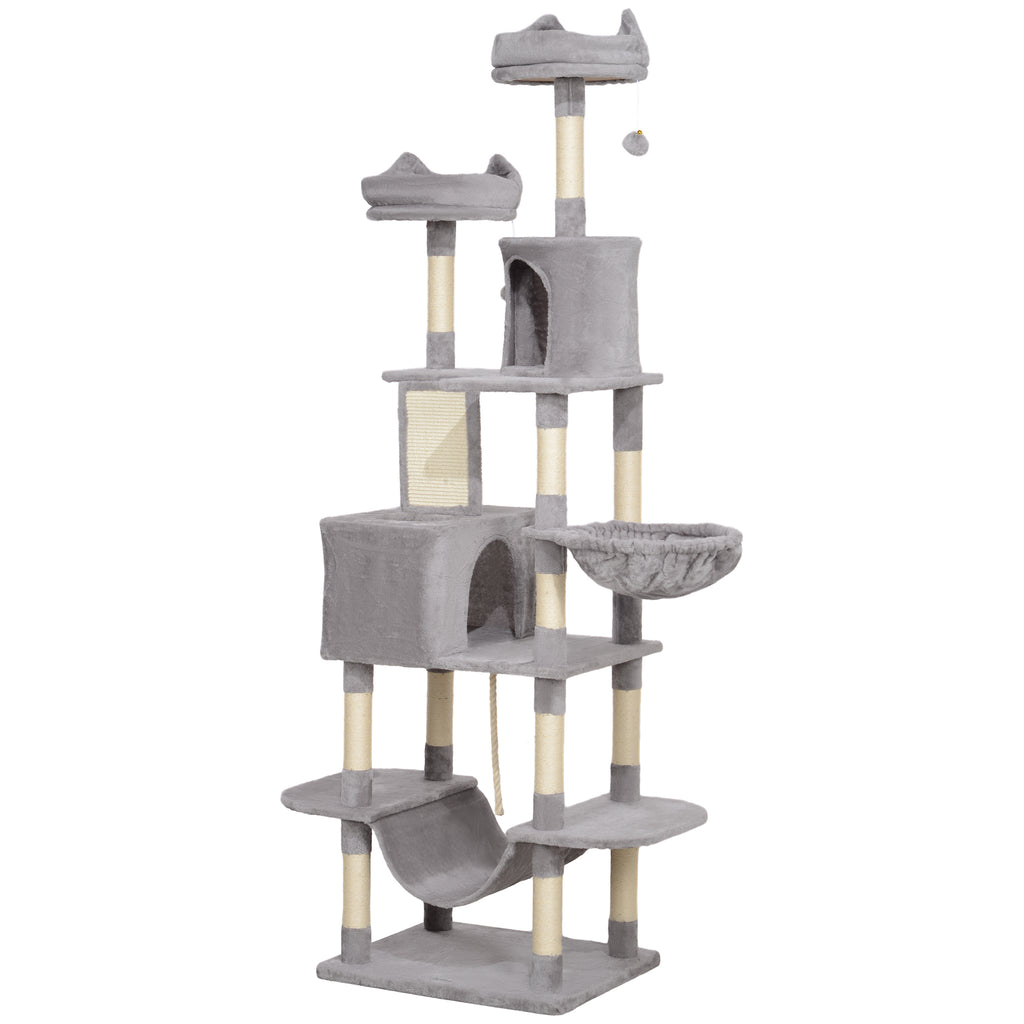 PawHut Cat Tree 206cm Tall with 4 Scratching Posts, Caves, Baskets, Hammocks, for 1-3 Kittens 6kg, Light Grey