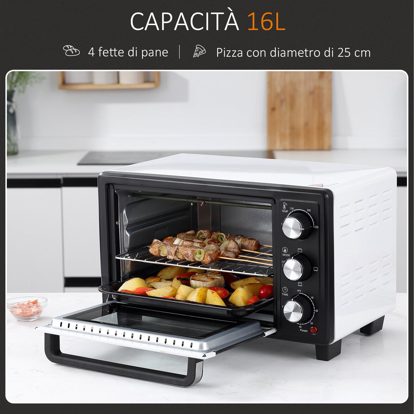 Electric Oven 16L Adjustable Temperature and Timer, 3 Cooking Methods and Accessories, 1400W, White