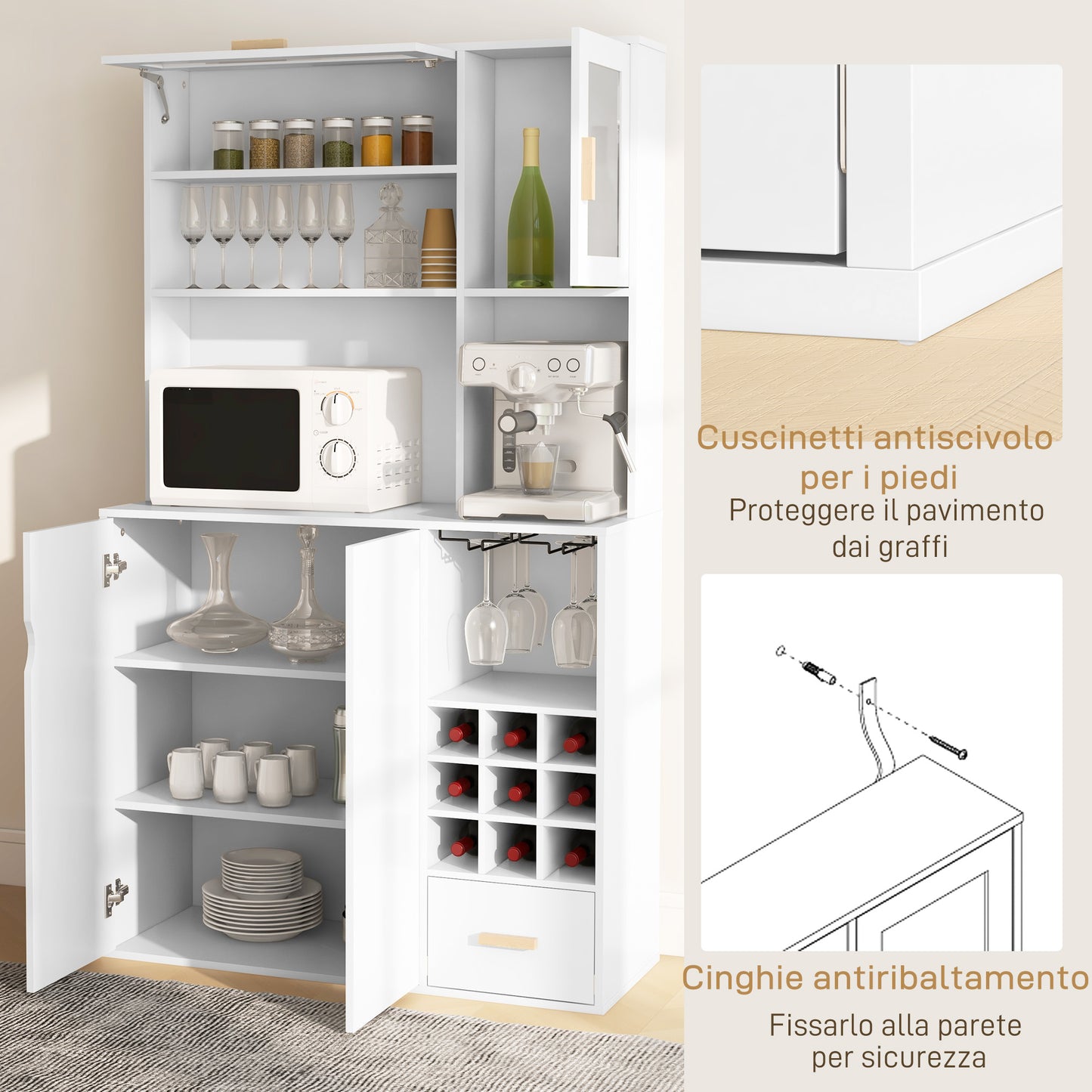 HOMCOM Pantry Cabinet with Bottle Rack, Cabinets, Shelves and Drawer, in Chipboard and Wood, 100x38x172 cm, White