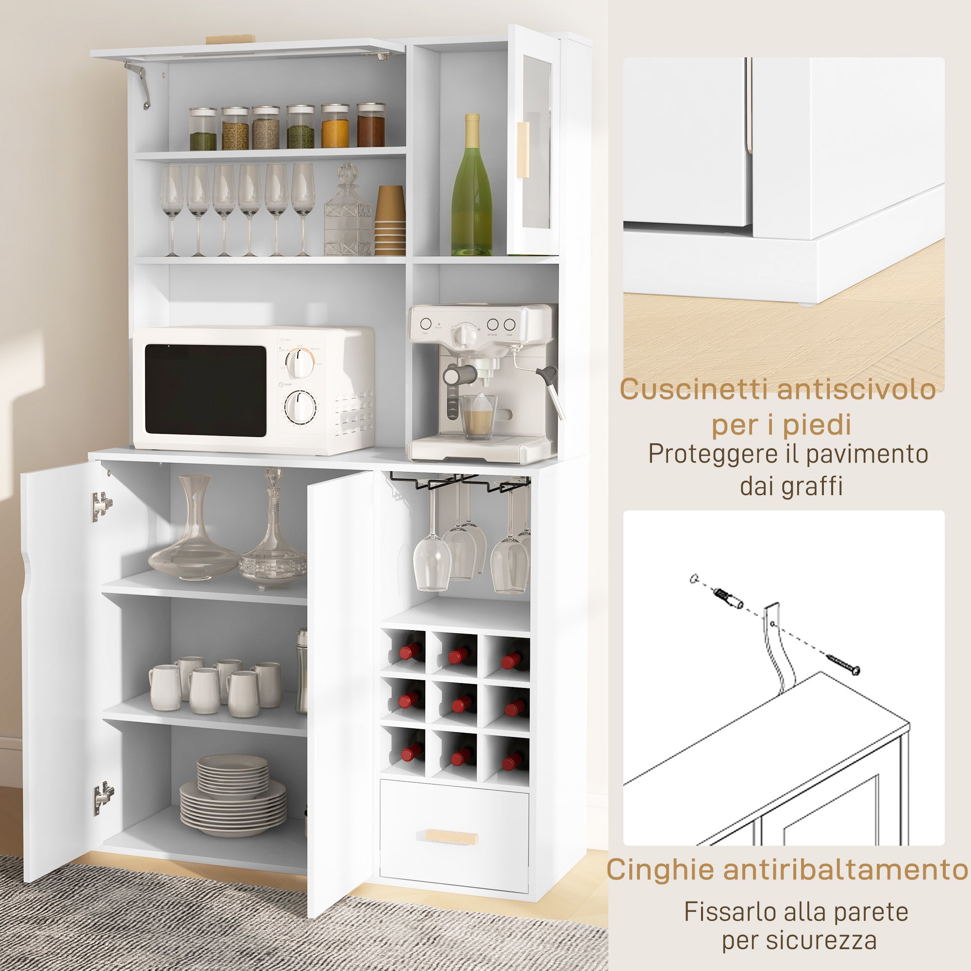 HOMCOM Pantry Cabinet with Bottle Rack, Cabinets, Shelves and Drawer, in Chipboard and Wood, 100x38x172 cm, White - Borgè
