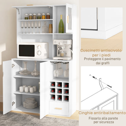 HOMCOM Pantry Cabinet with Bottle Rack, Cabinets, Shelves and Drawer, in Chipboard and Wood, 100x38x172 cm, White