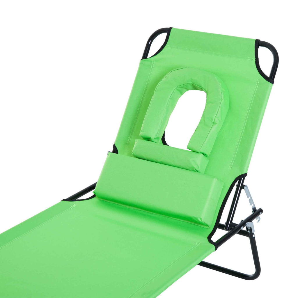 Outsunny Folding Deck Chair with Reading Hole and Cushion, 4-Level Reclining, Oxford Fabric and Steel Frame, Green
