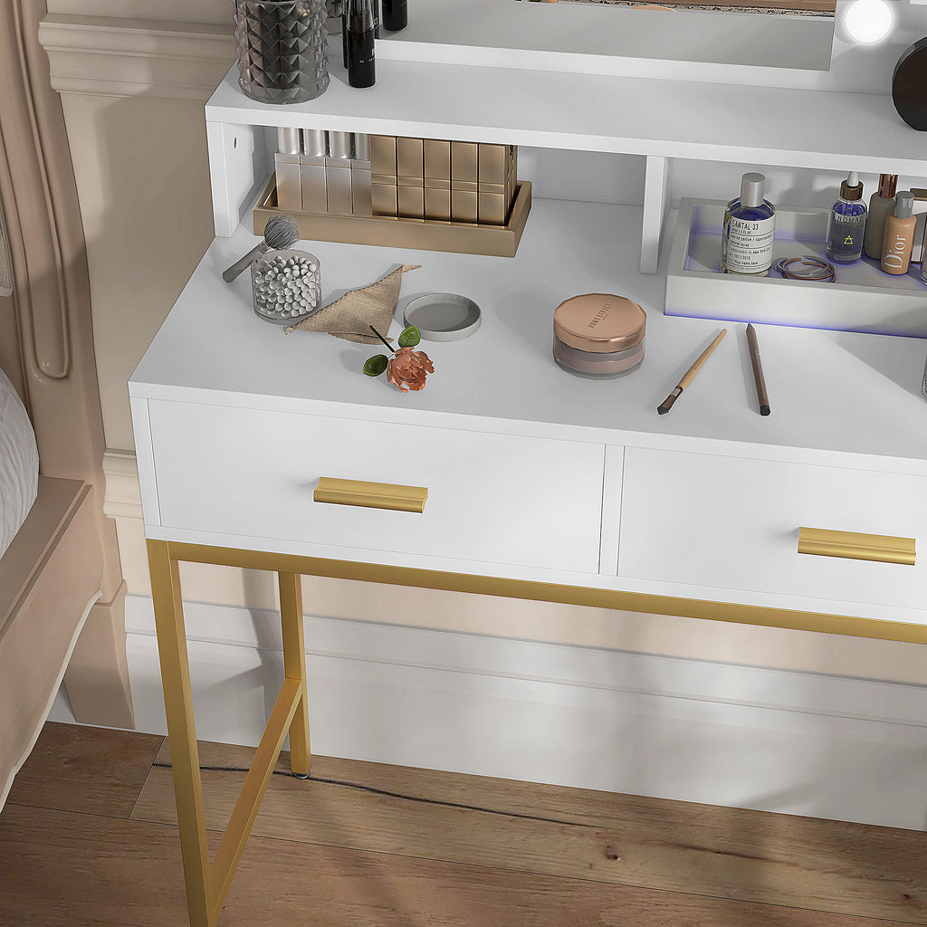 Vanity Makeup Table with Mirror, 2 Drawers, 5 Shelves and Stool, in MDF and Chipboard, 80x40x138 cm, White - Borgè