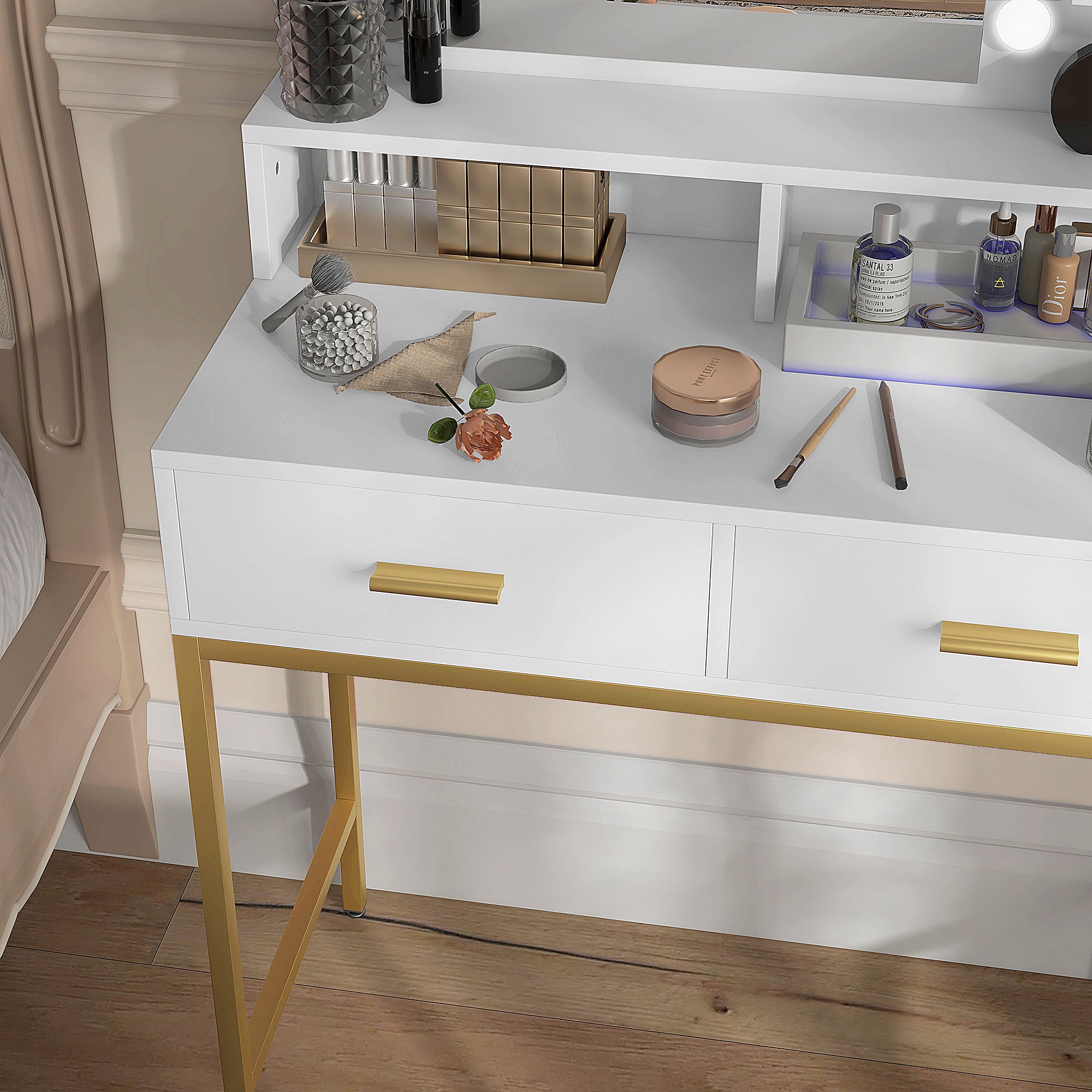 Vanity Makeup Table with Mirror, 2 Drawers, 5 Shelves and Stool, in MDF and Chipboard, 80x40x138 cm, White - Borgè