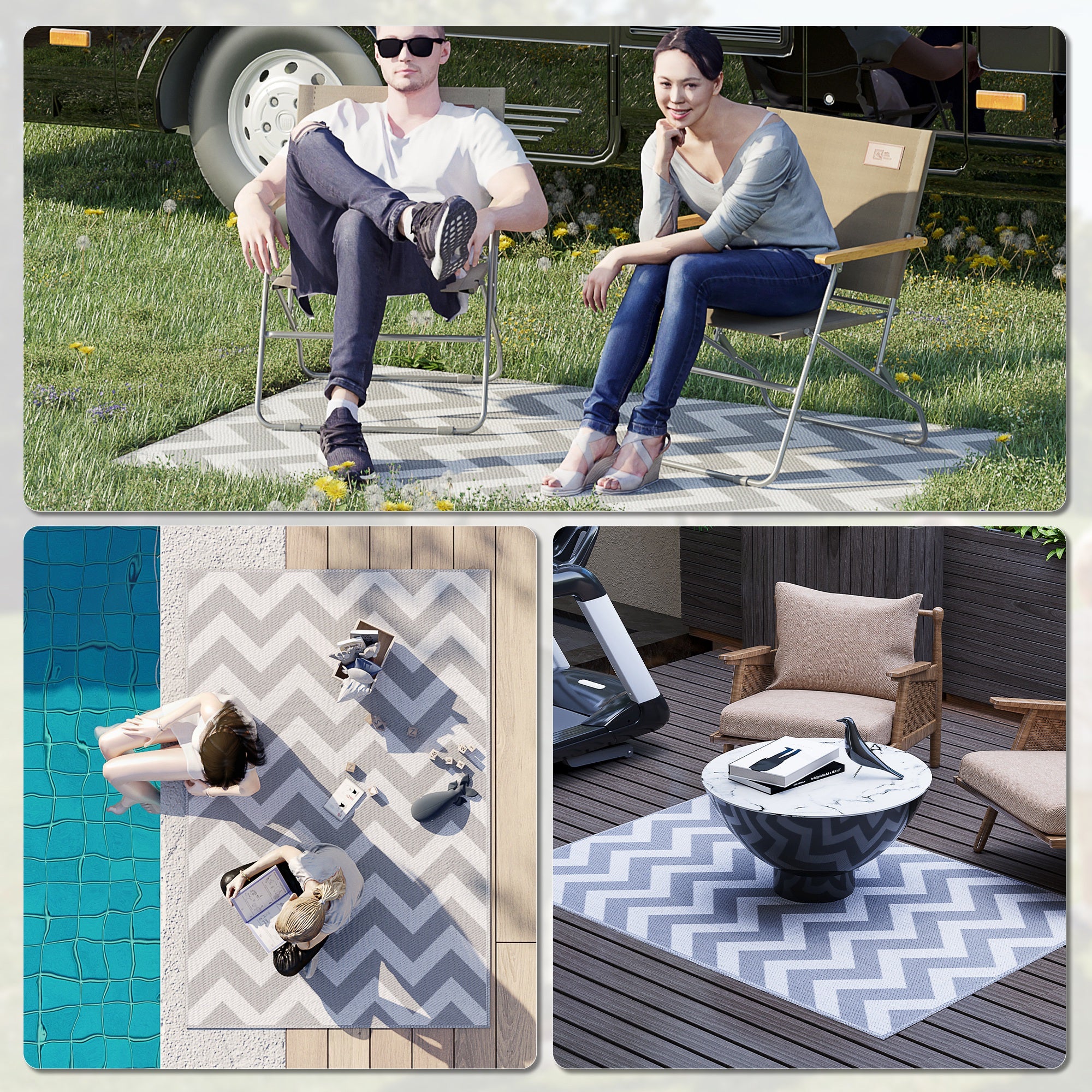 Reversible Outdoor Rug with Geometric Pattern, 121x182 cm, Grey and White