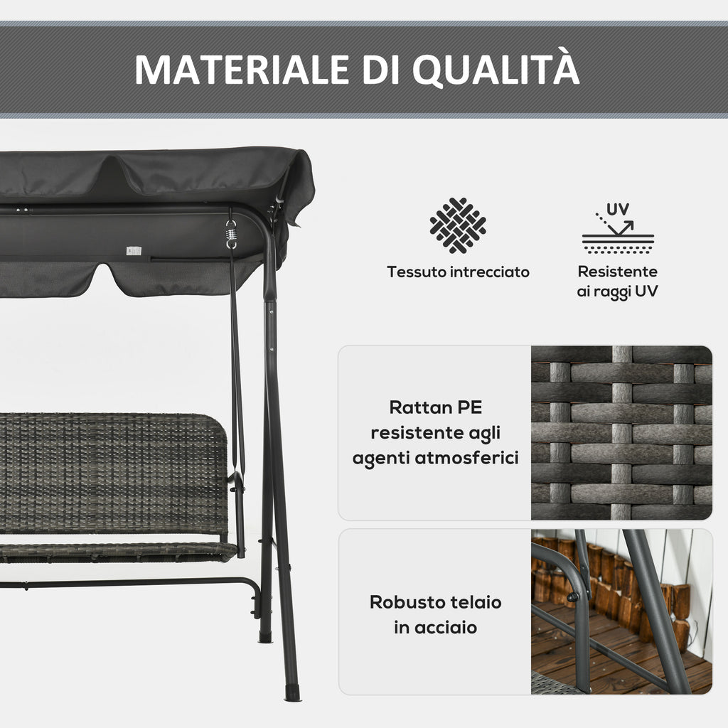 3 Seater Garden Swing with Adjustable Canopy in PE Rattan, 167x112x153cm, Dark Grey