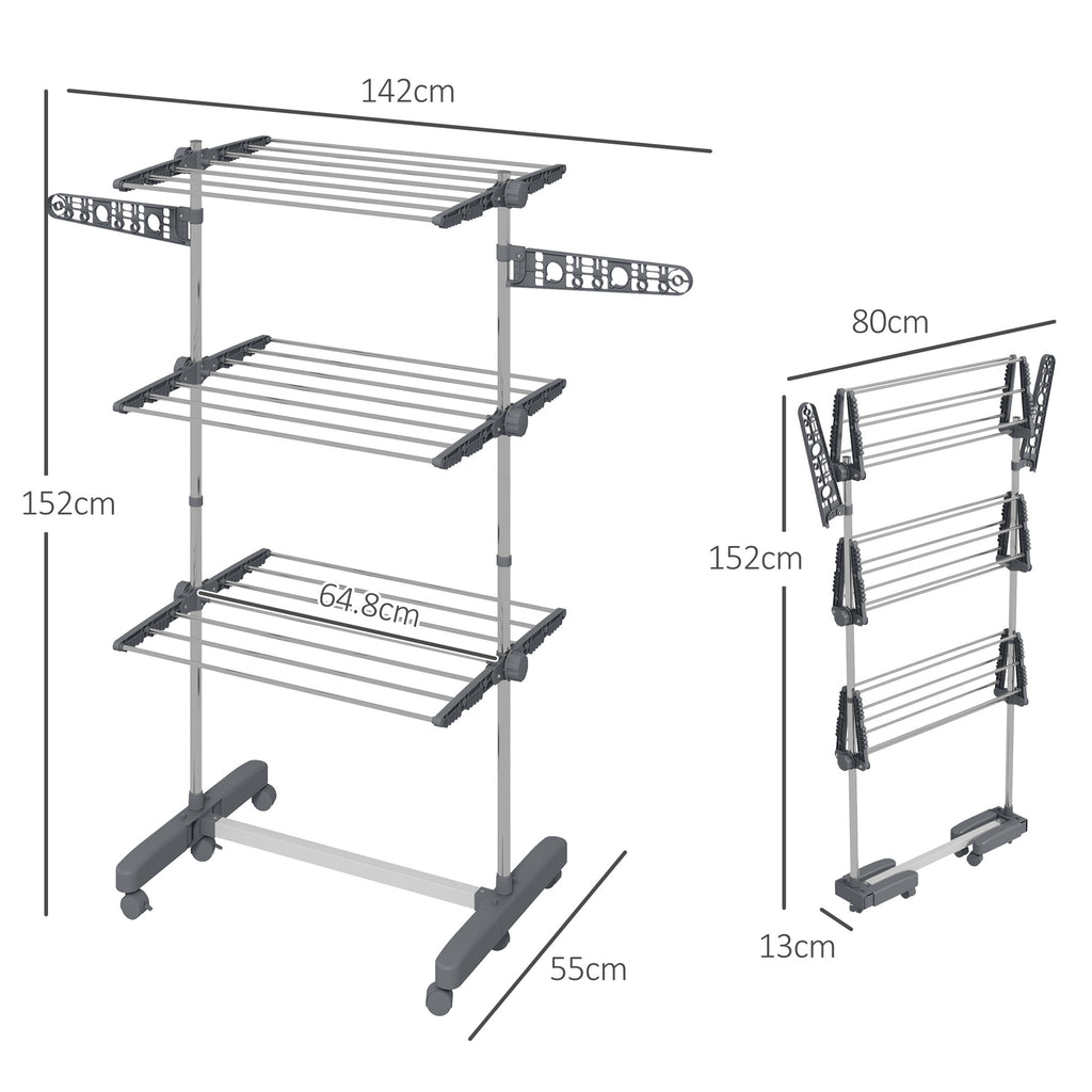 Vertical Drying Rack with 3 Adjustable Shelves, in Steel and Plastic, 142x55x152 cm, Grey and Silver