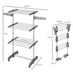Vertical Drying Rack with 3 Adjustable Shelves, in Steel and Plastic, 142x55x152 cm, Grey and Silver