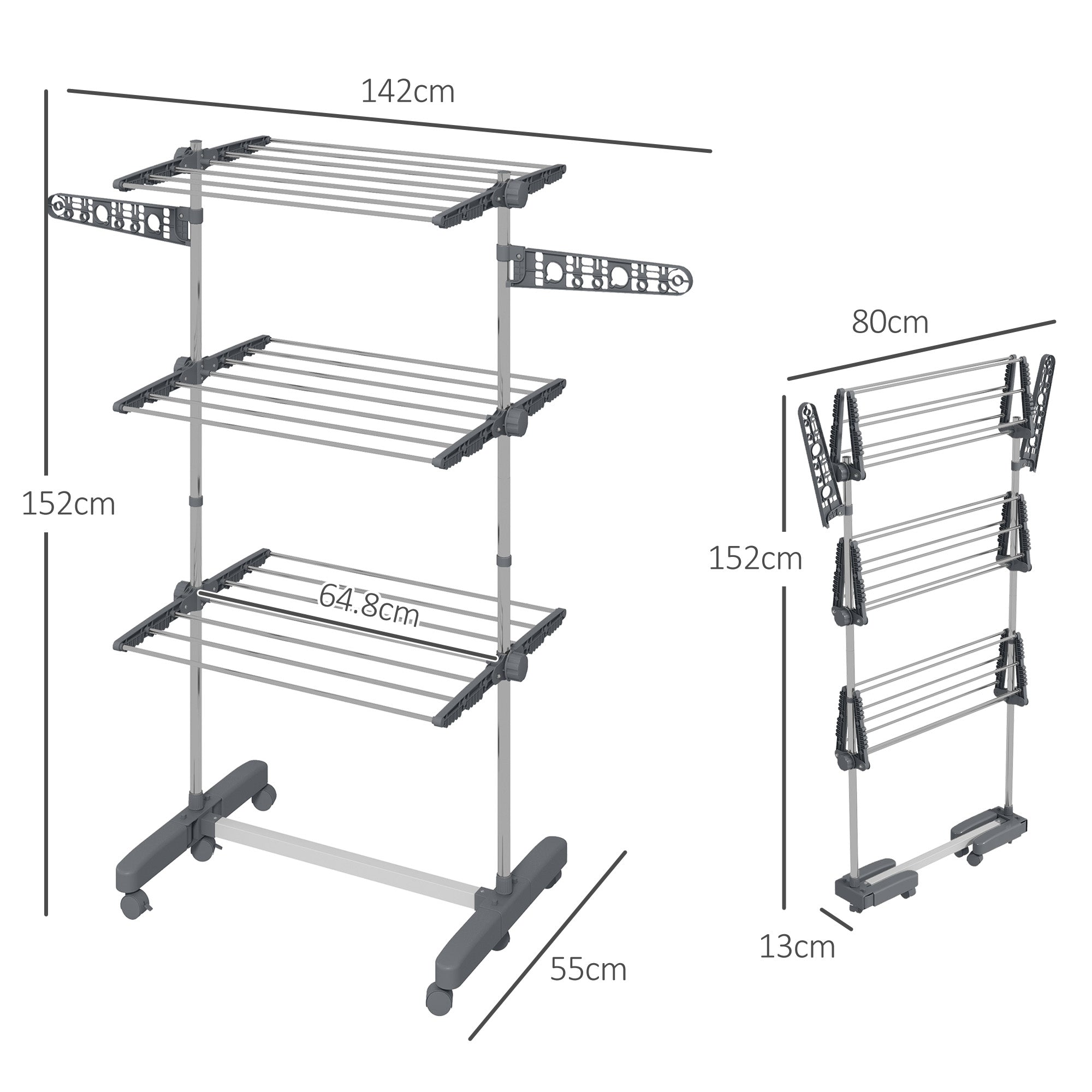 Vertical Drying Rack with 3 Adjustable Shelves, in Steel and Plastic, 142x55x152 cm, Grey and Silver