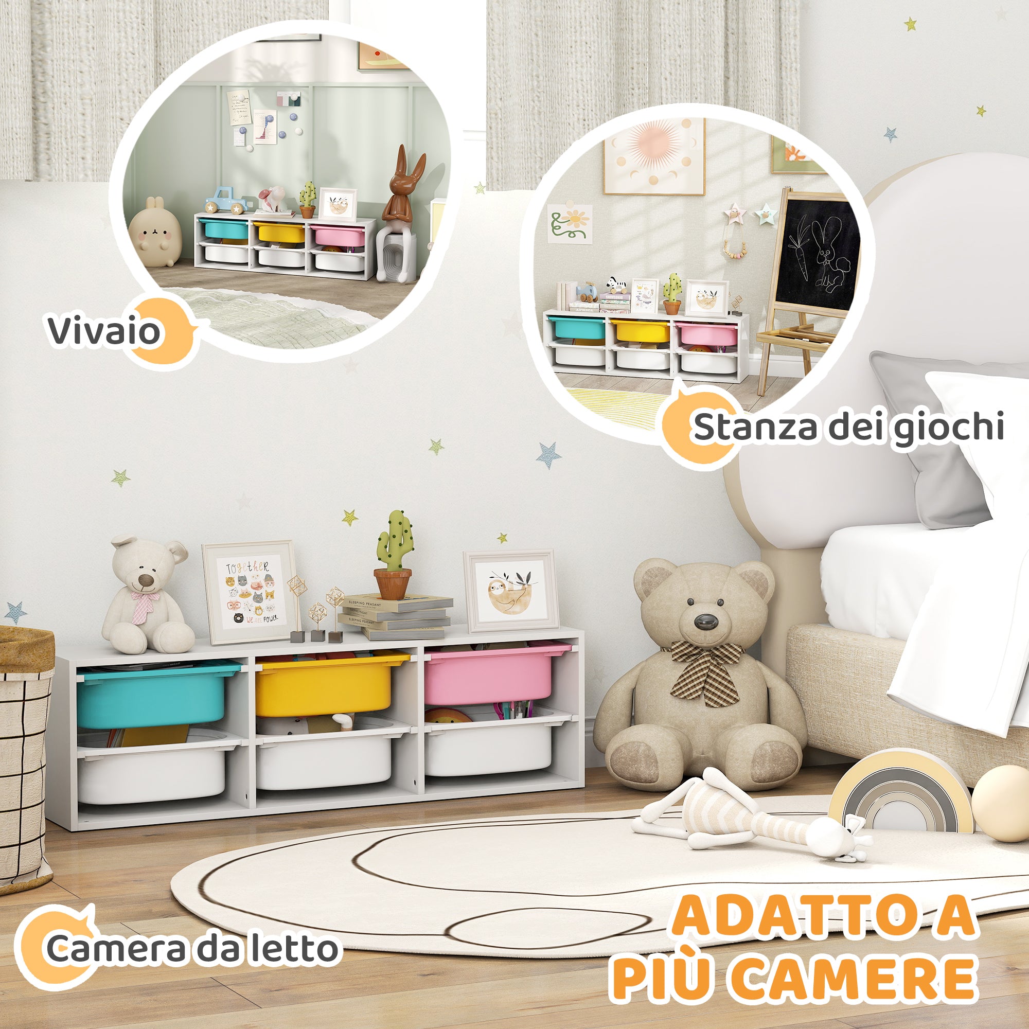 AIYAPLAY Children's Wooden Toy Storage Shelf with 6 Removable Plastic Bins, Multicolor