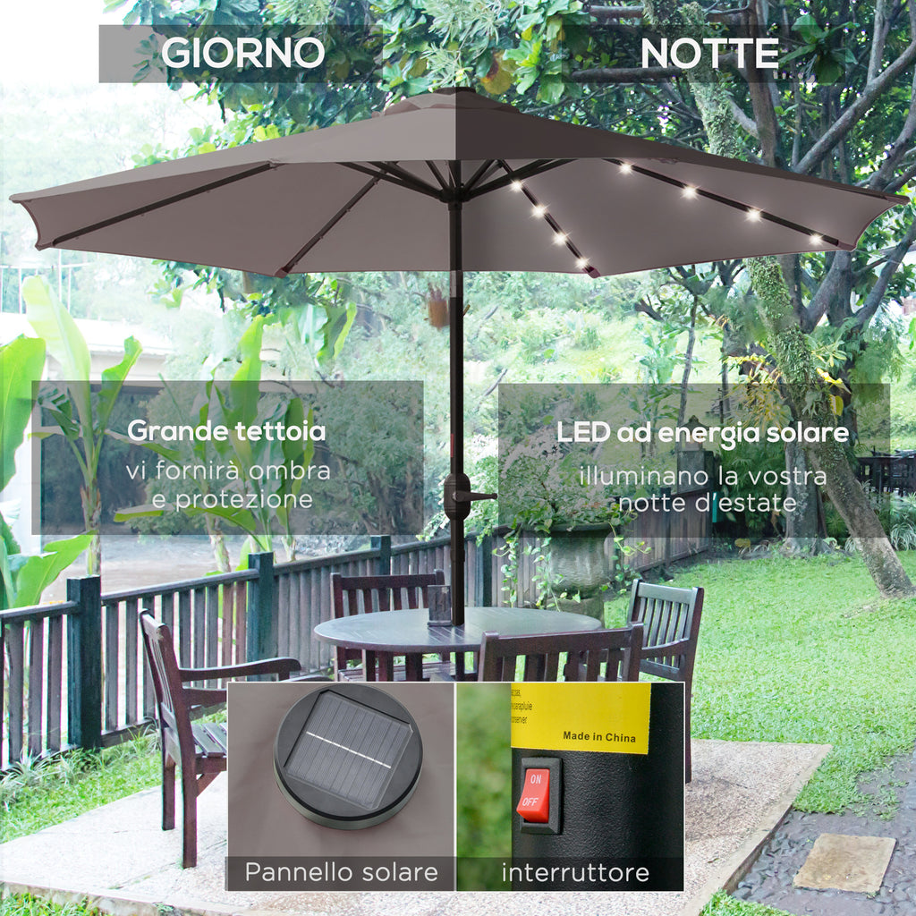 Outsunny Tilting Garden Umbrella Ø265 cm with 32 Solar LED Lights and Crank Handle, Grey