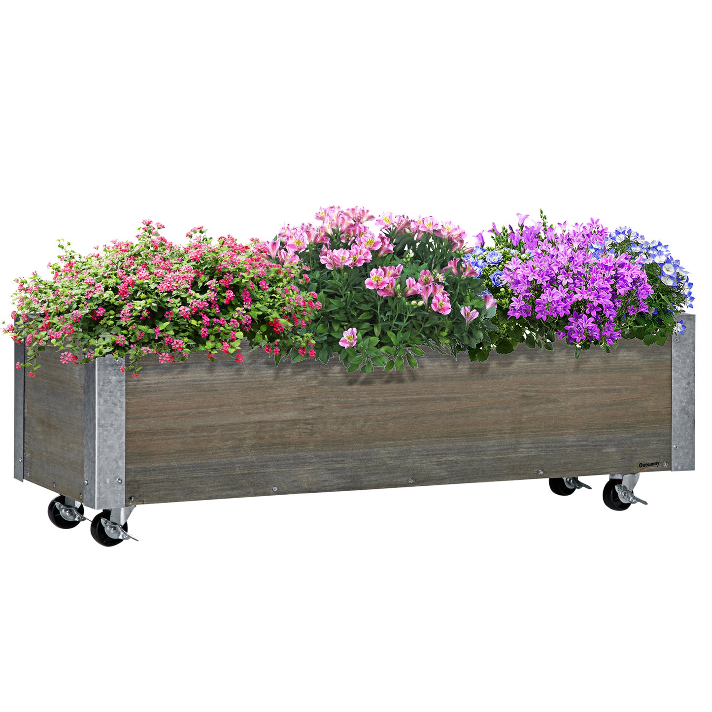 Rectangular Fir Wood Planter with Wheels and Brake, 96x30.6x30 cm, Grey